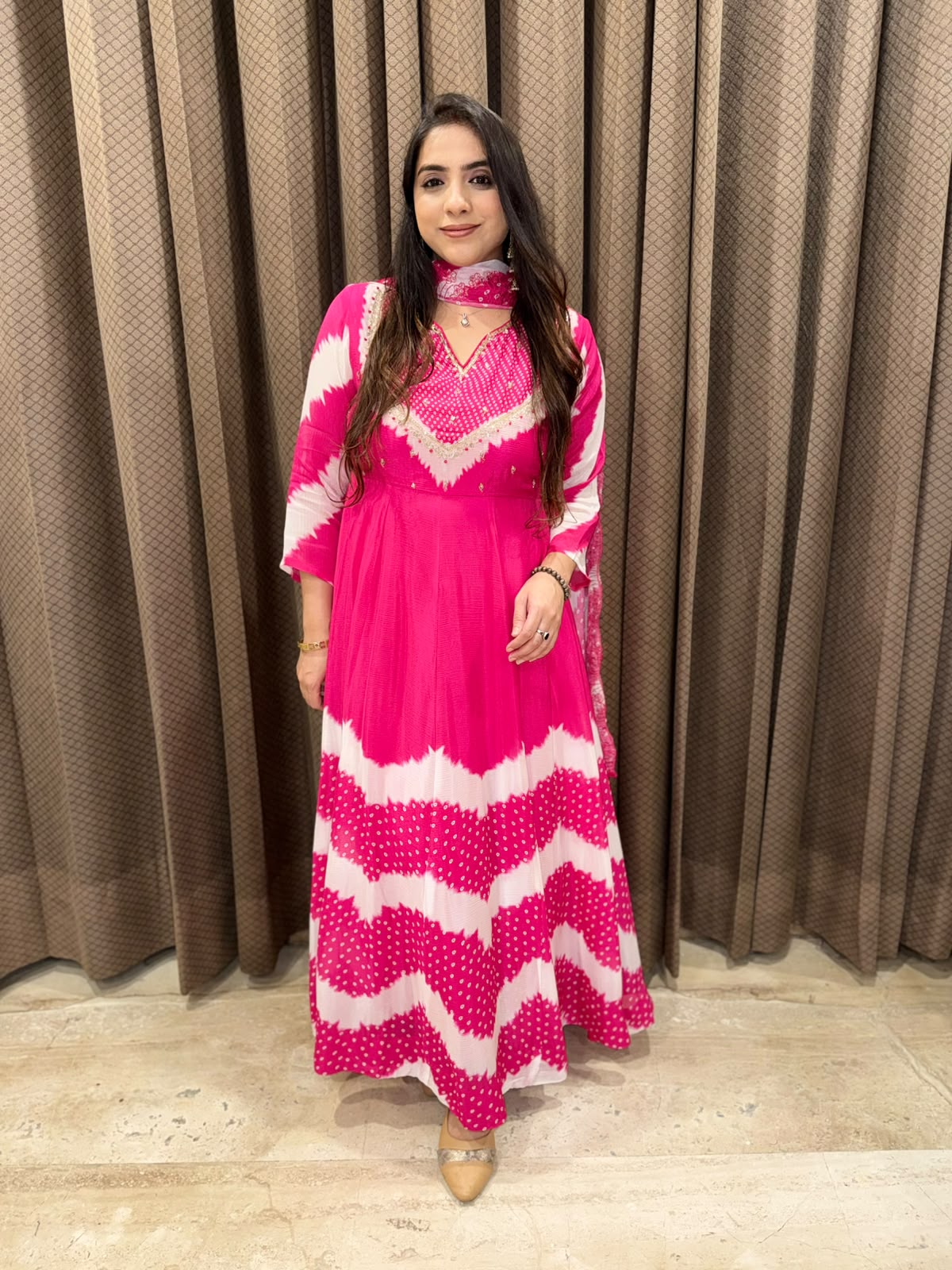 Pink Exclusive bandhani Anarkali set with handwork