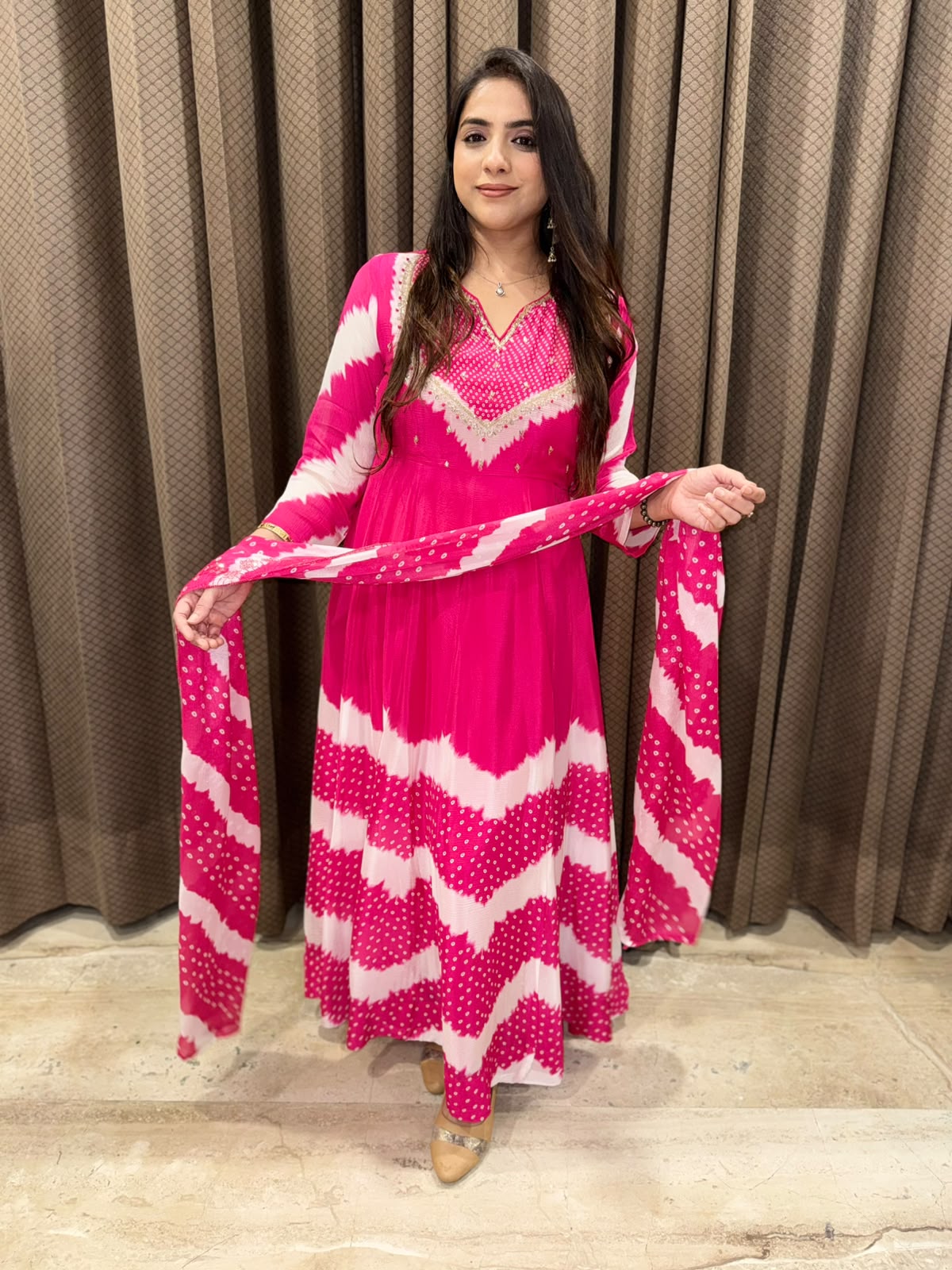 Pink Exclusive bandhani Anarkali set with handwork