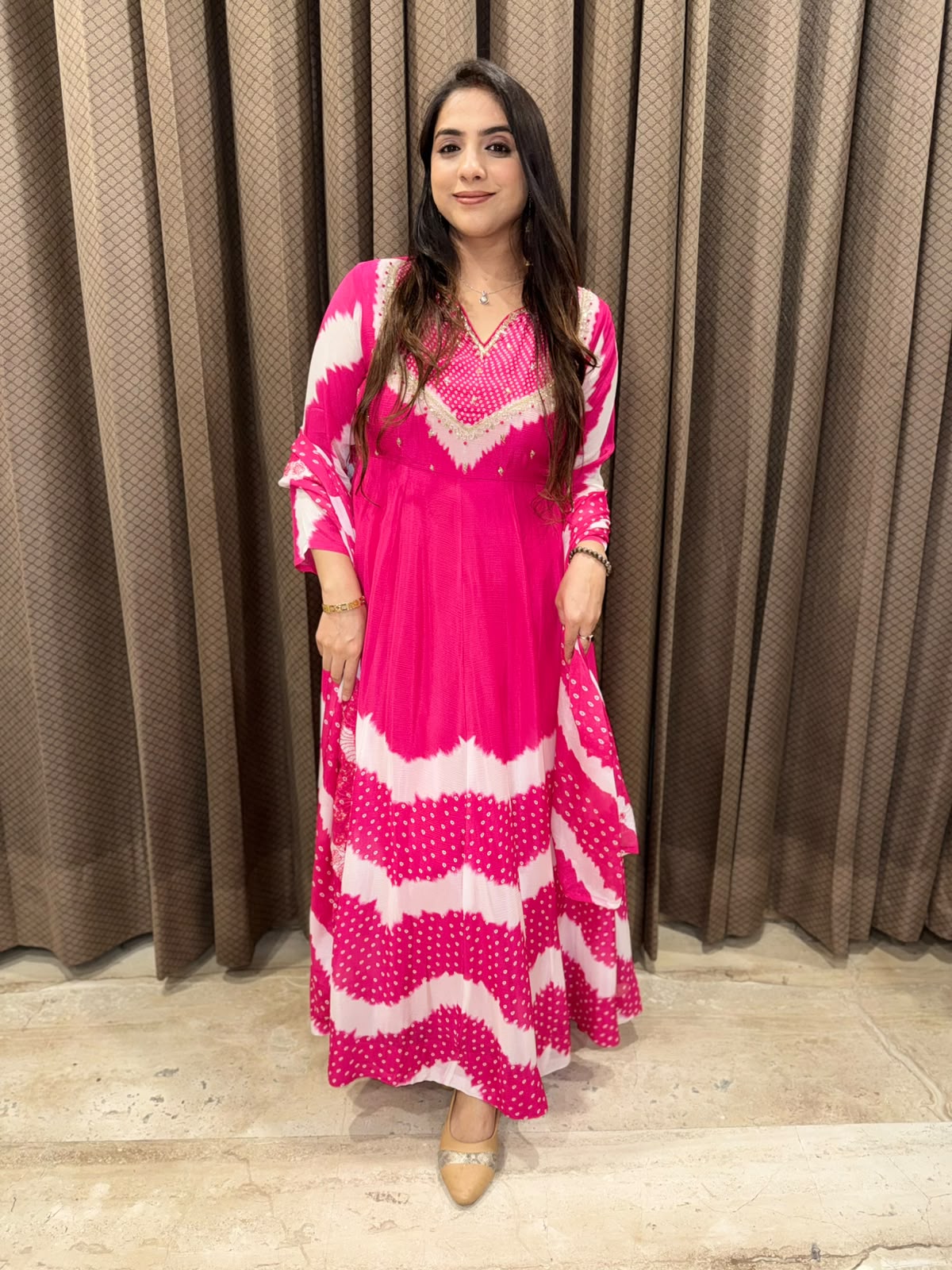 Pink Exclusive bandhani Anarkali set with handwork