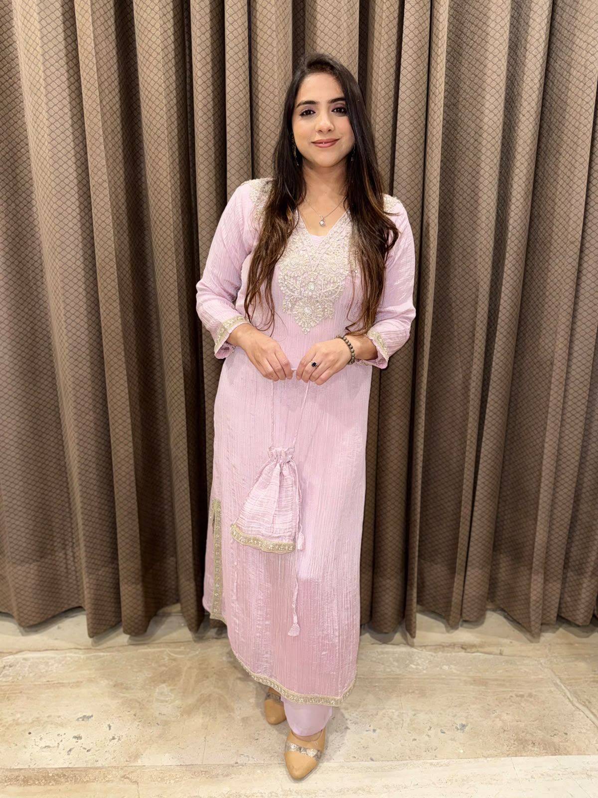 Pink Designer long dress with monotone handwork & Potli