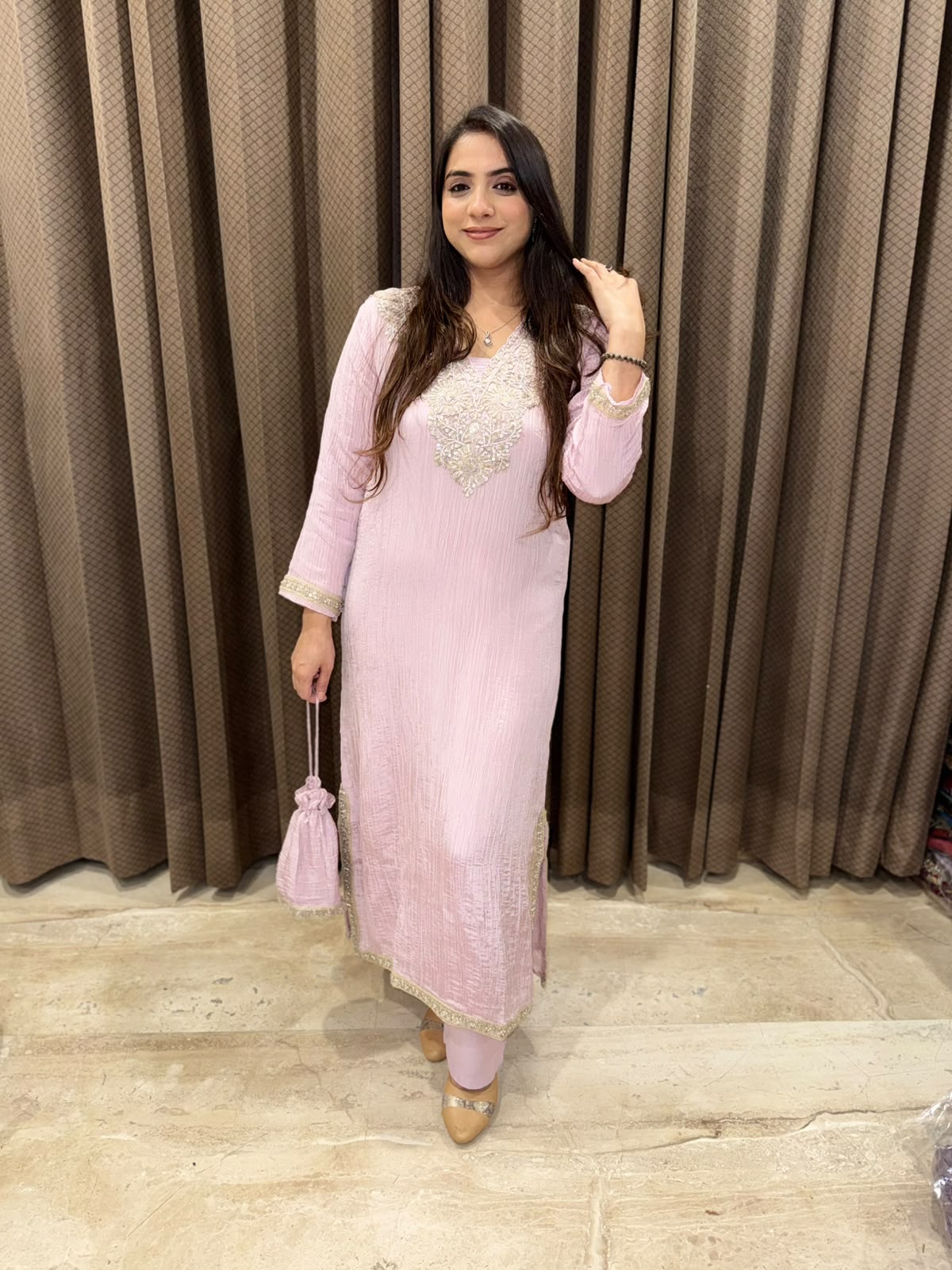 Pink Designer long dress with monotone handwork & Potli
