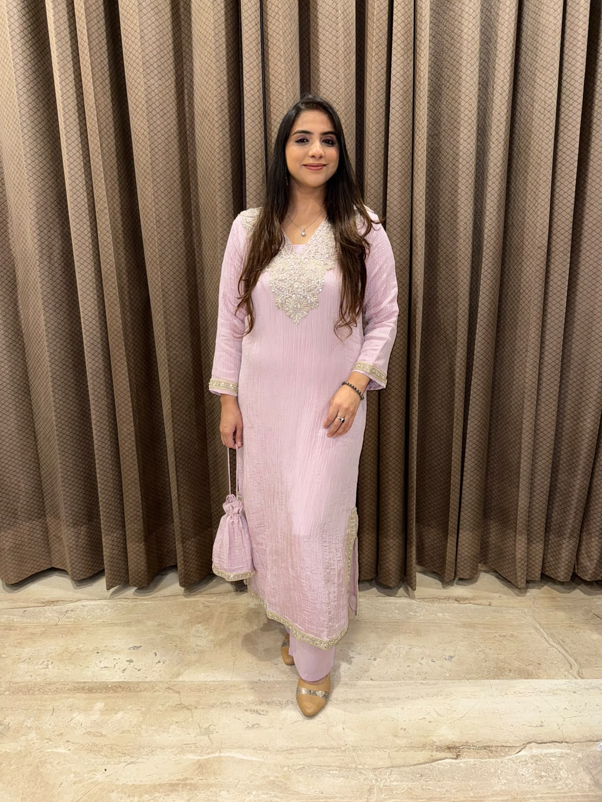 Pink Designer long dress with monotone handwork & Potli