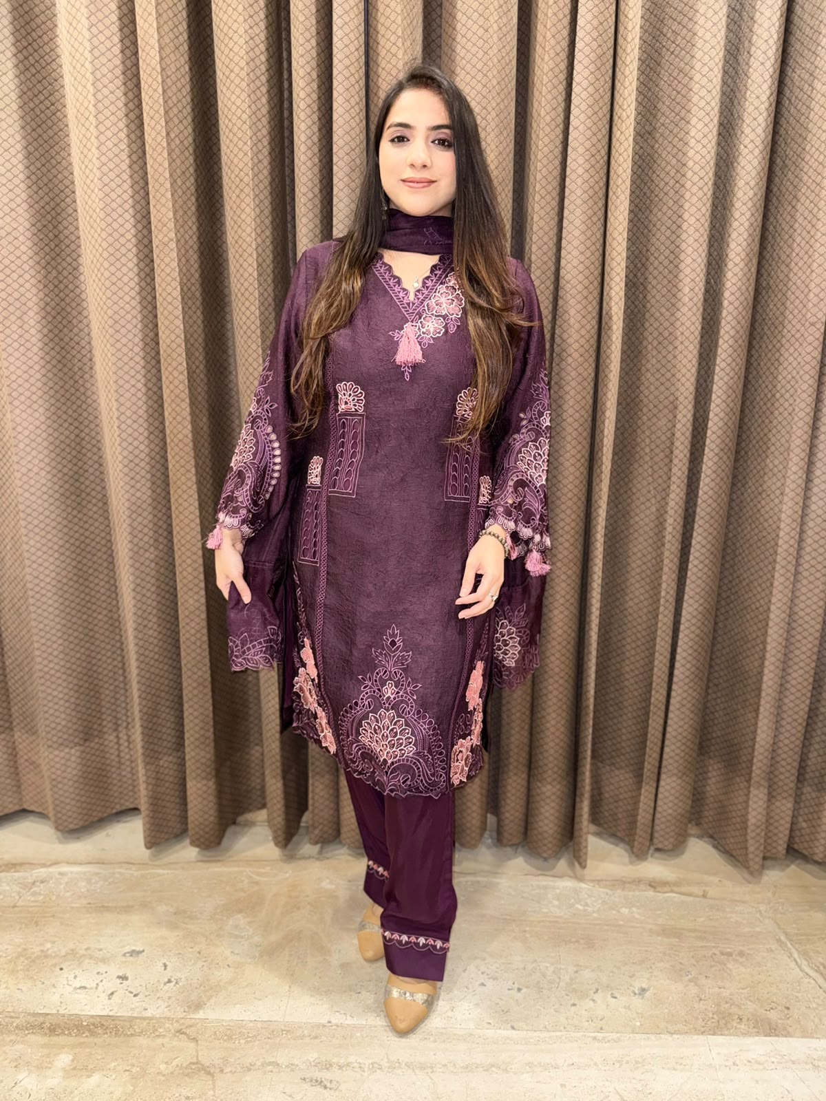 Wine Pakistani Straight suit with laser cutwork & tassels