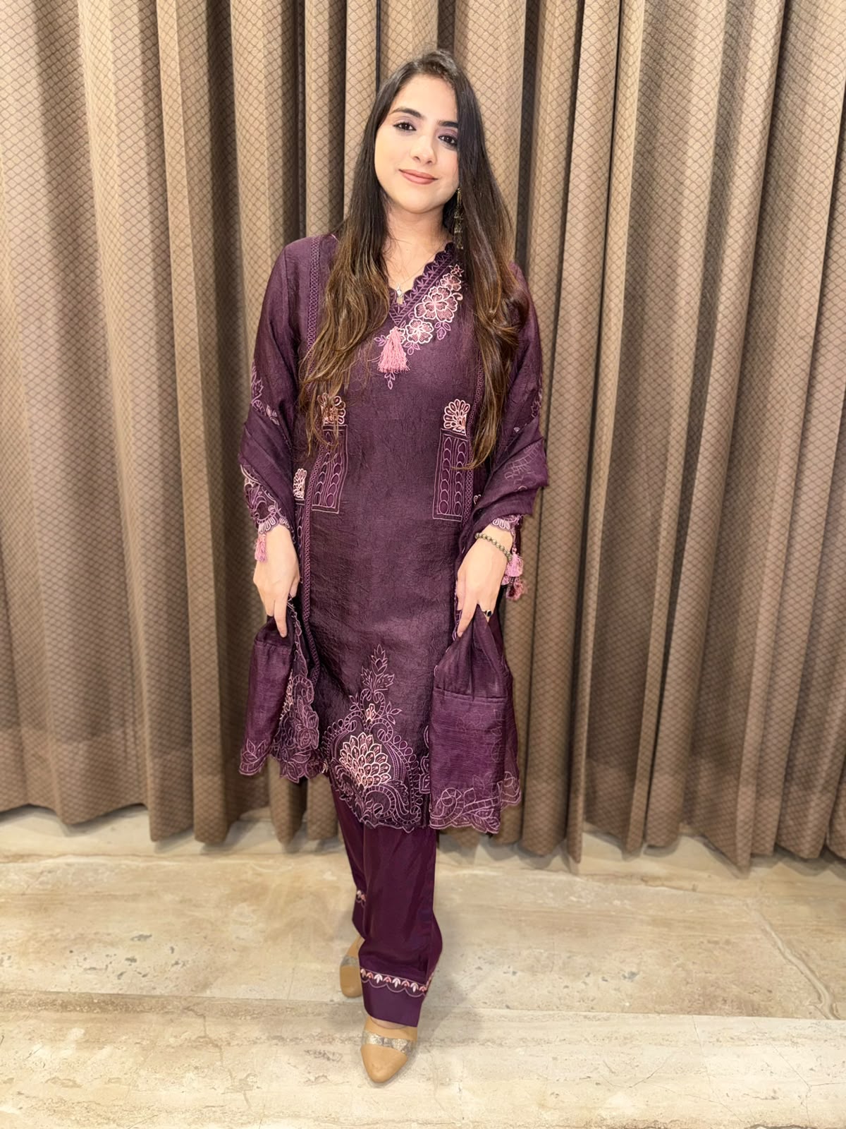 Wine Pakistani Straight suit with laser cutwork & tassels