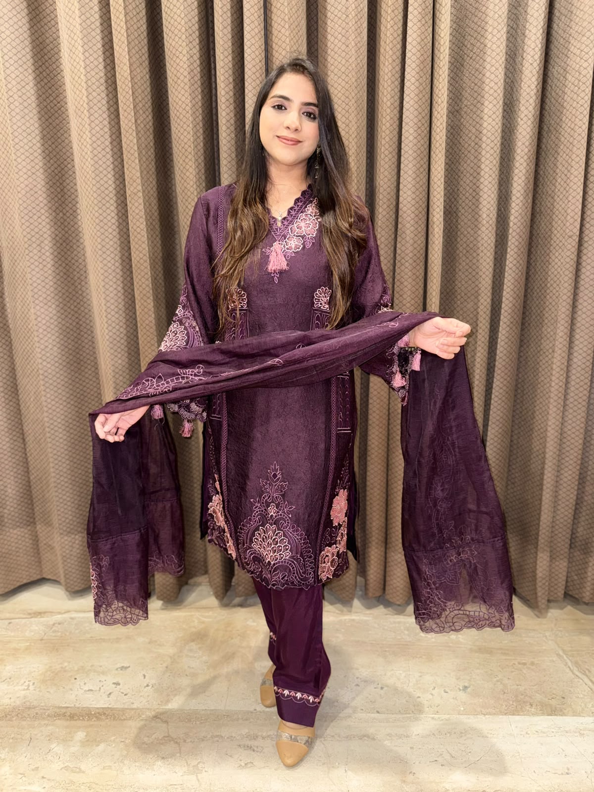 Wine Pakistani Straight suit with laser cutwork & tassels
