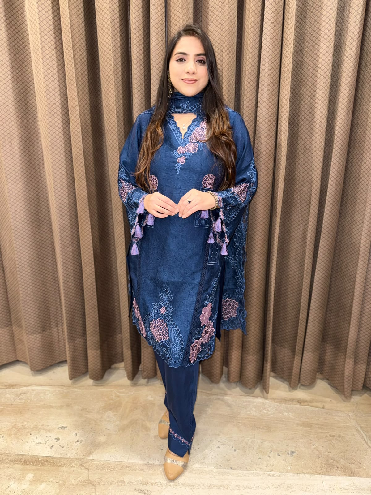Wine Pakistani Straight suit with laser cutwork & tassels