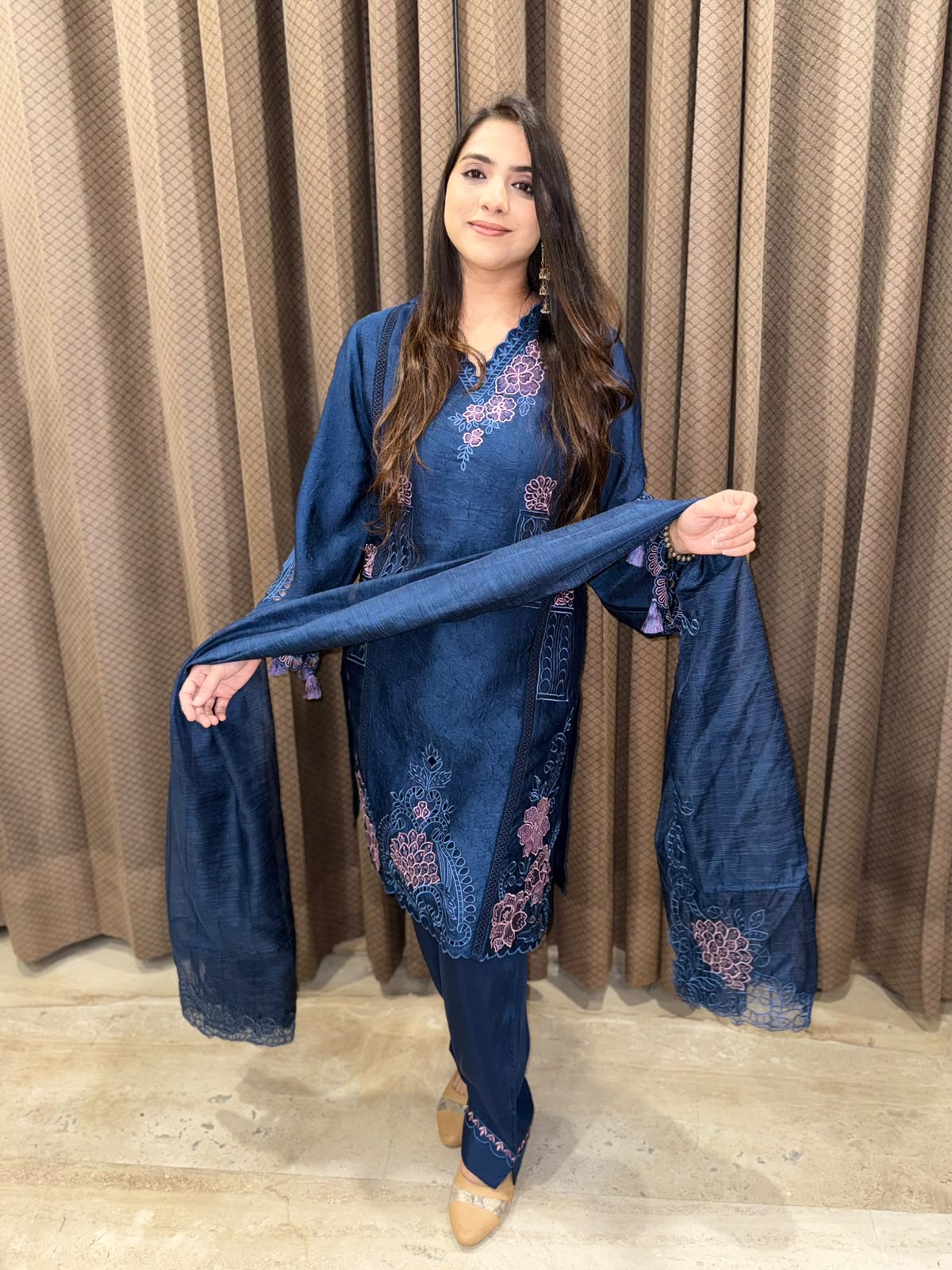 Wine Pakistani Straight suit with laser cutwork & tassels
