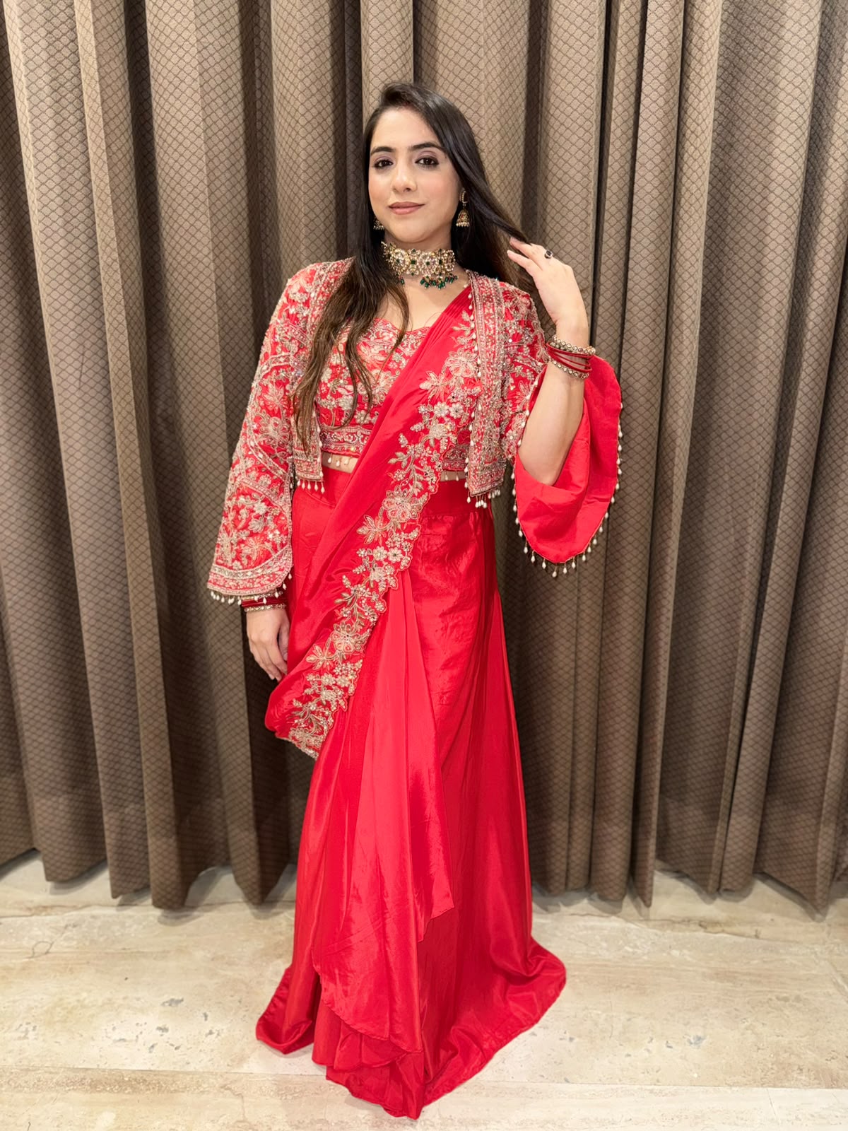 Red Designer drape sareee jacket style with handwork
