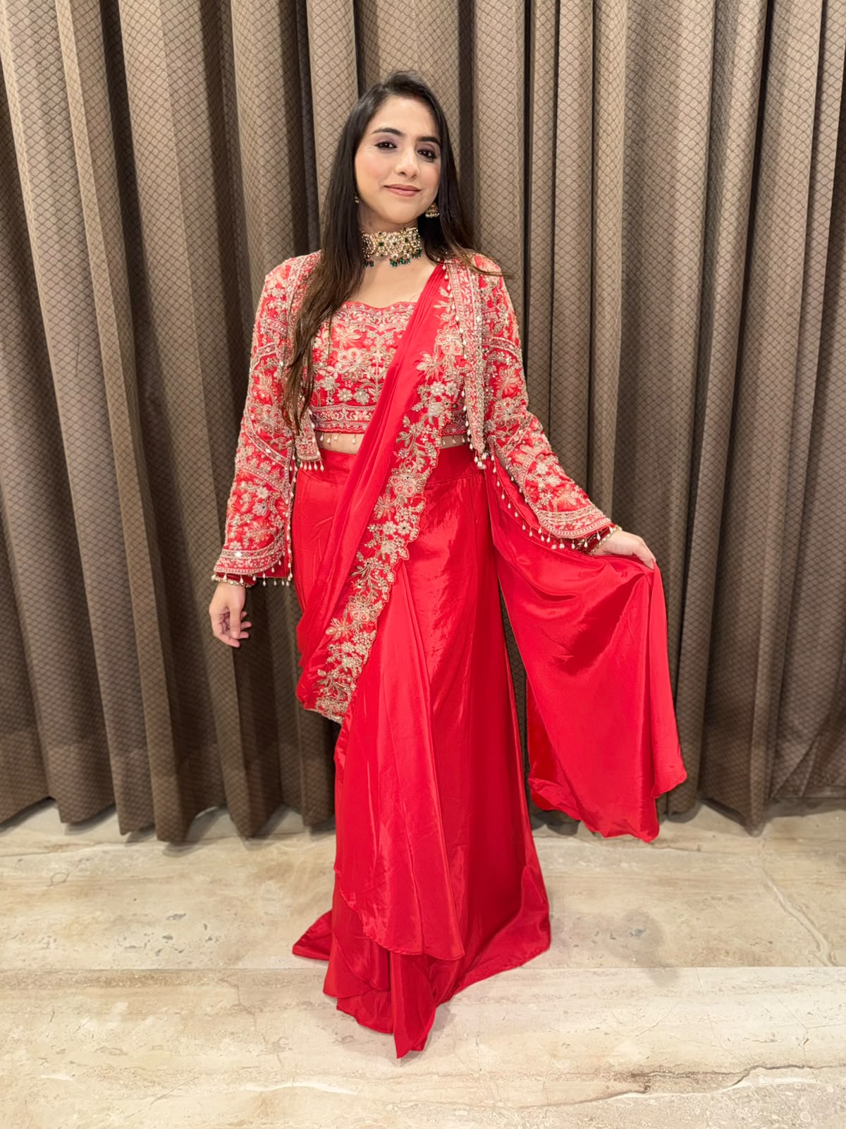 Red Designer drape sareee jacket style with handwork
