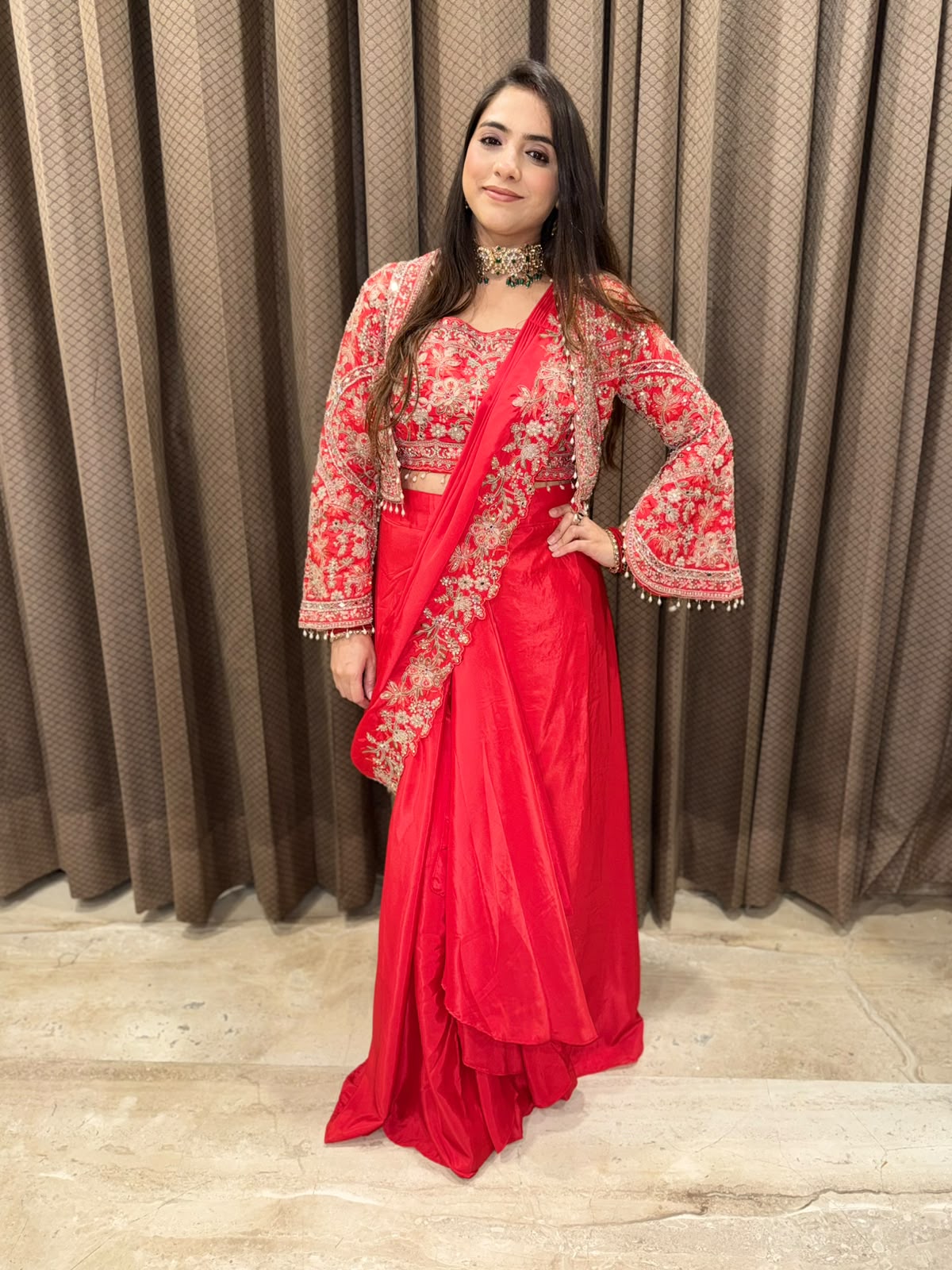 Red Designer drape sareee jacket style with handwork