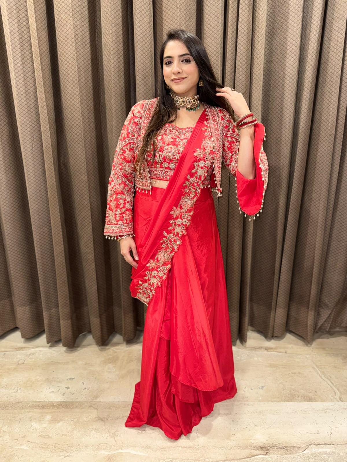 Red Designer drape sareee jacket style with handwork