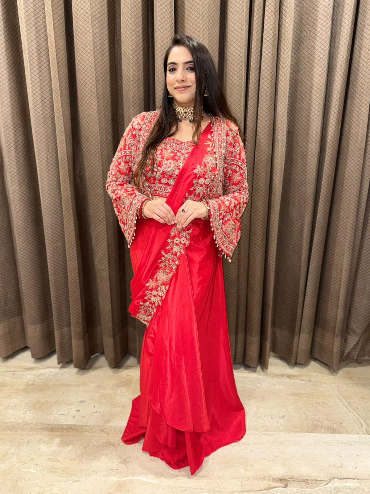Red Designer drape sareee jacket style with handwork