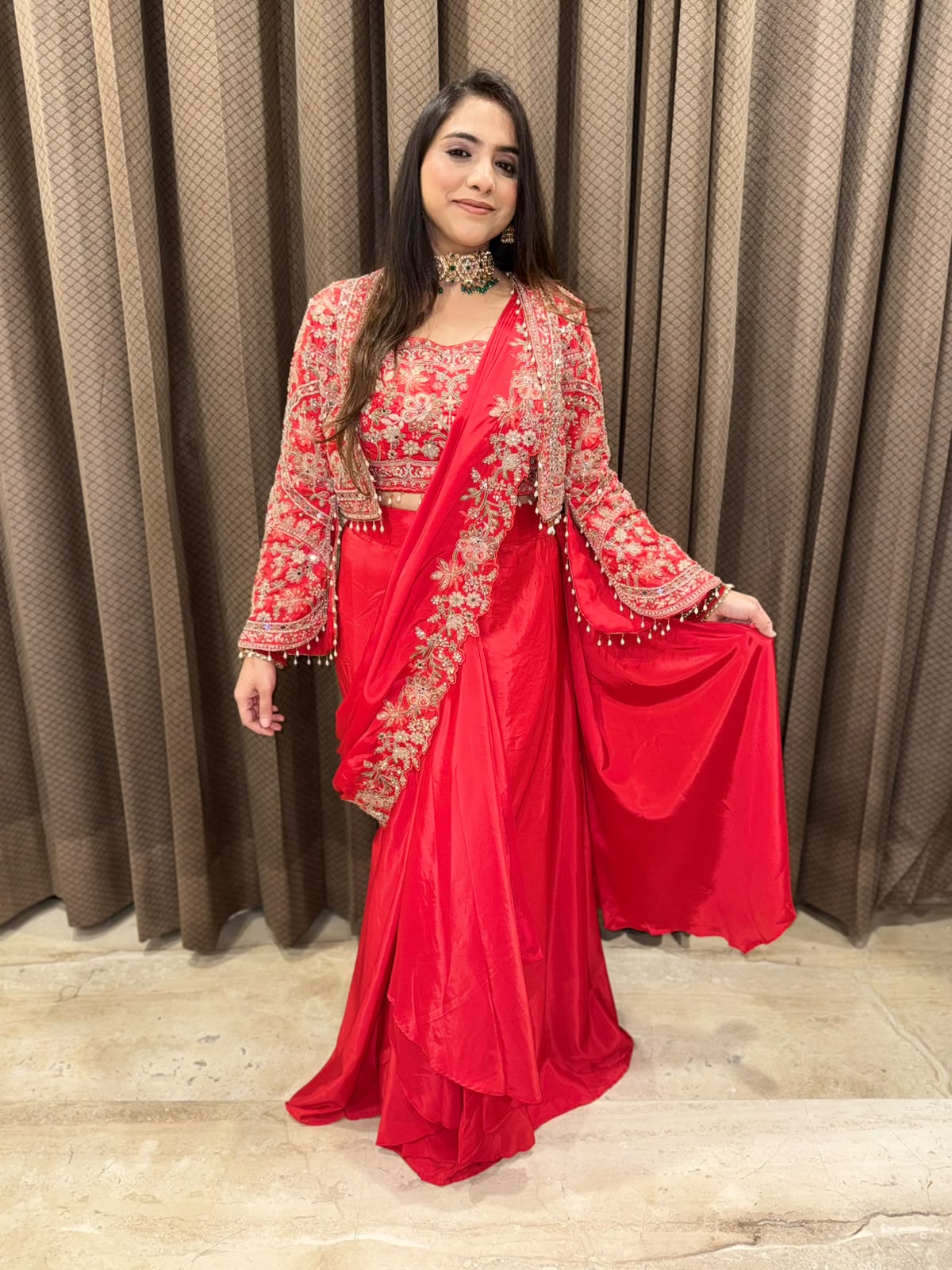 Red Designer drape sareee jacket style with handwork