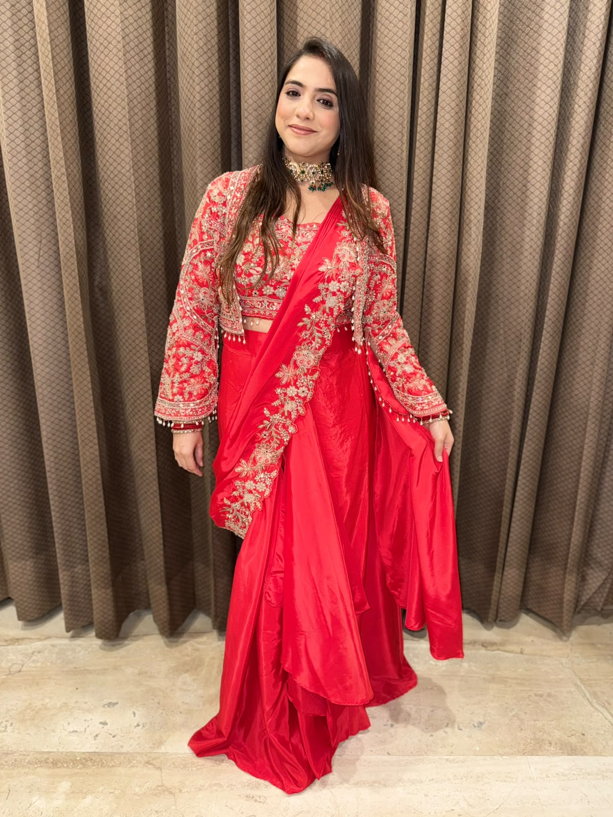 Red Designer drape sareee jacket style with handwork