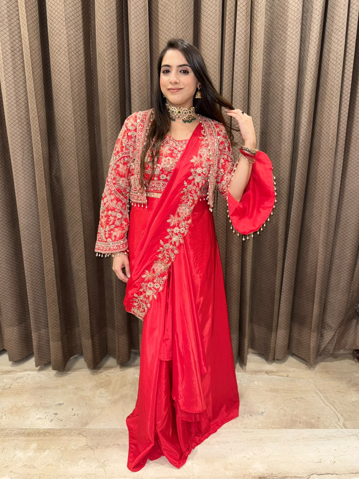 Red Designer drape sareee jacket style with handwork