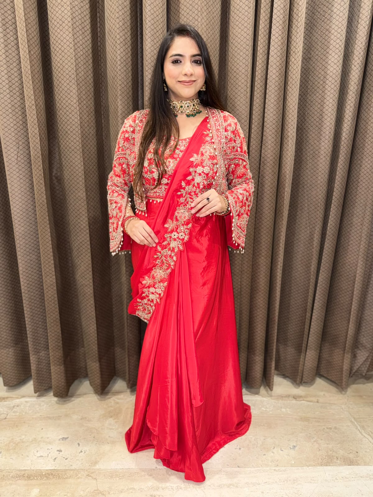 Red Designer drape sareee jacket style with handwork