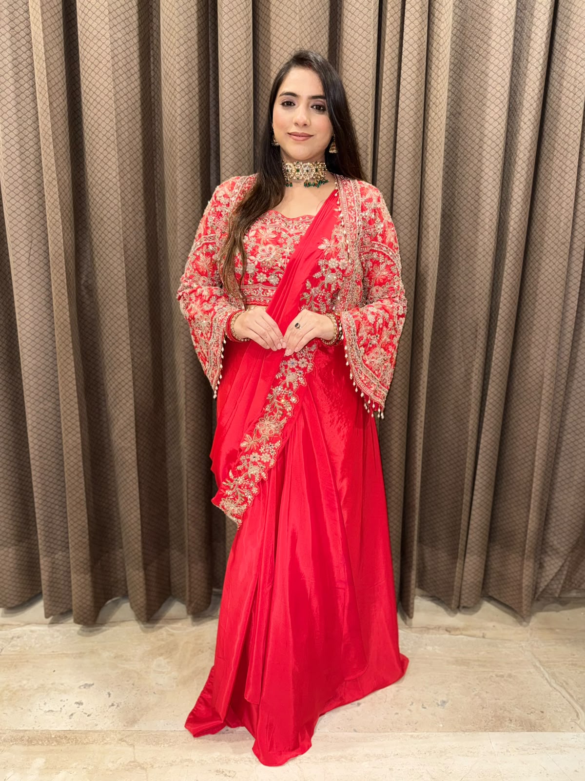 Red Designer drape sareee jacket style with handwork