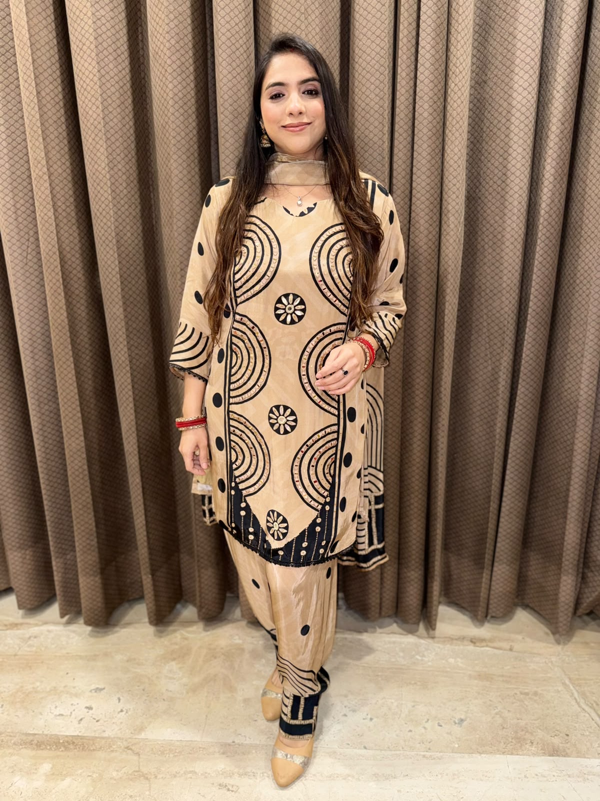 Brown Polka Digital Farshi set with handwork & dupatta