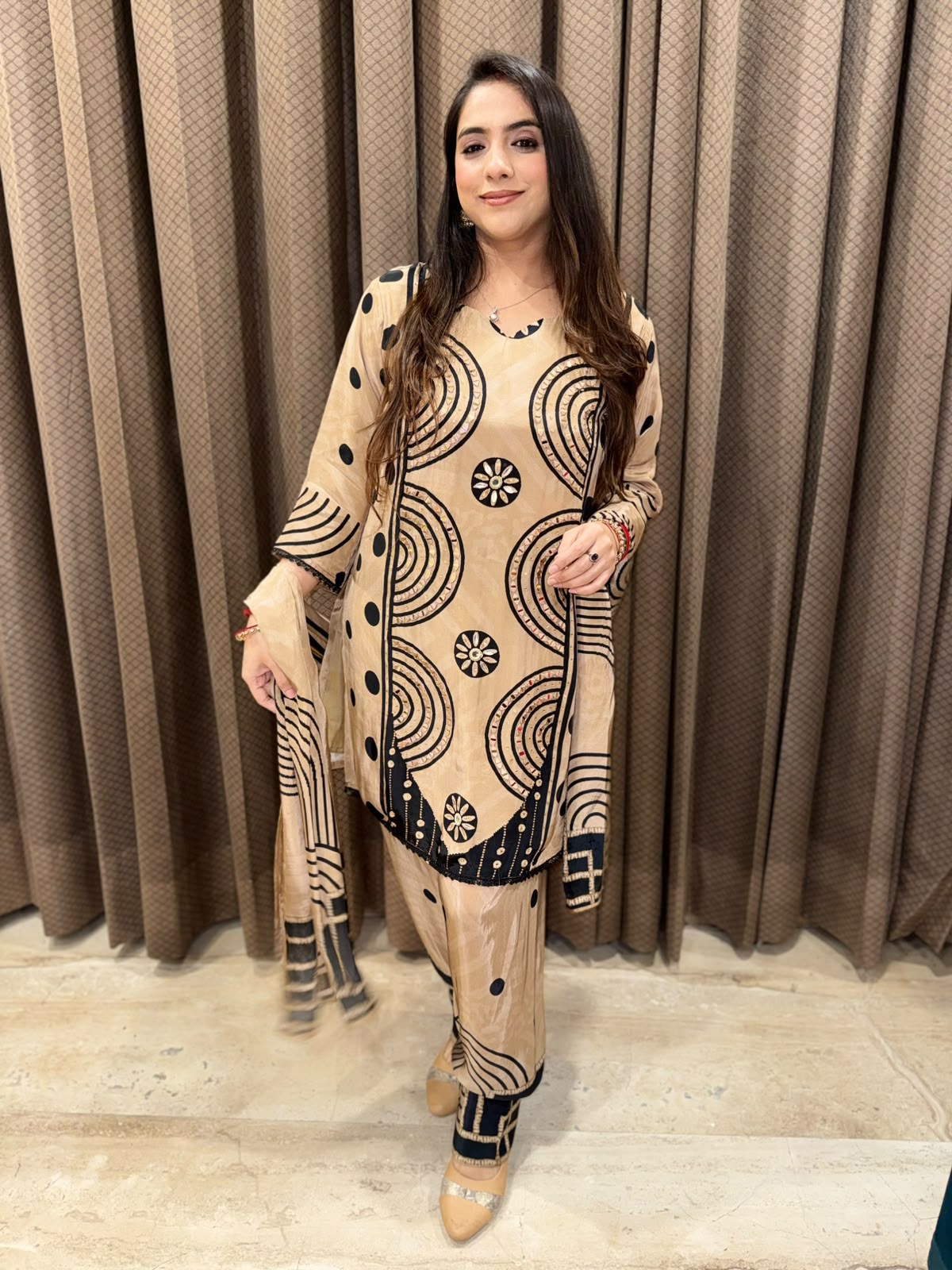 Brown Polka Digital Farshi set with handwork & dupatta
