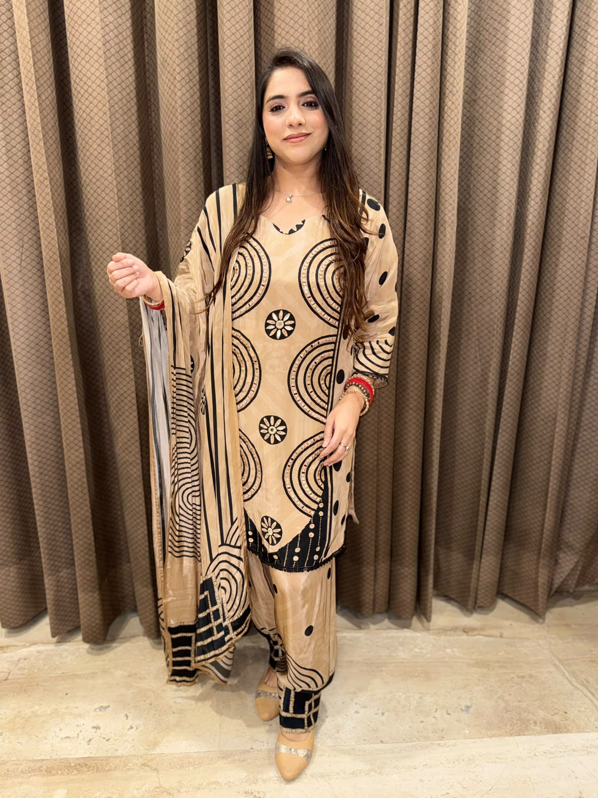 Brown Polka Digital Farshi set with handwork & dupatta