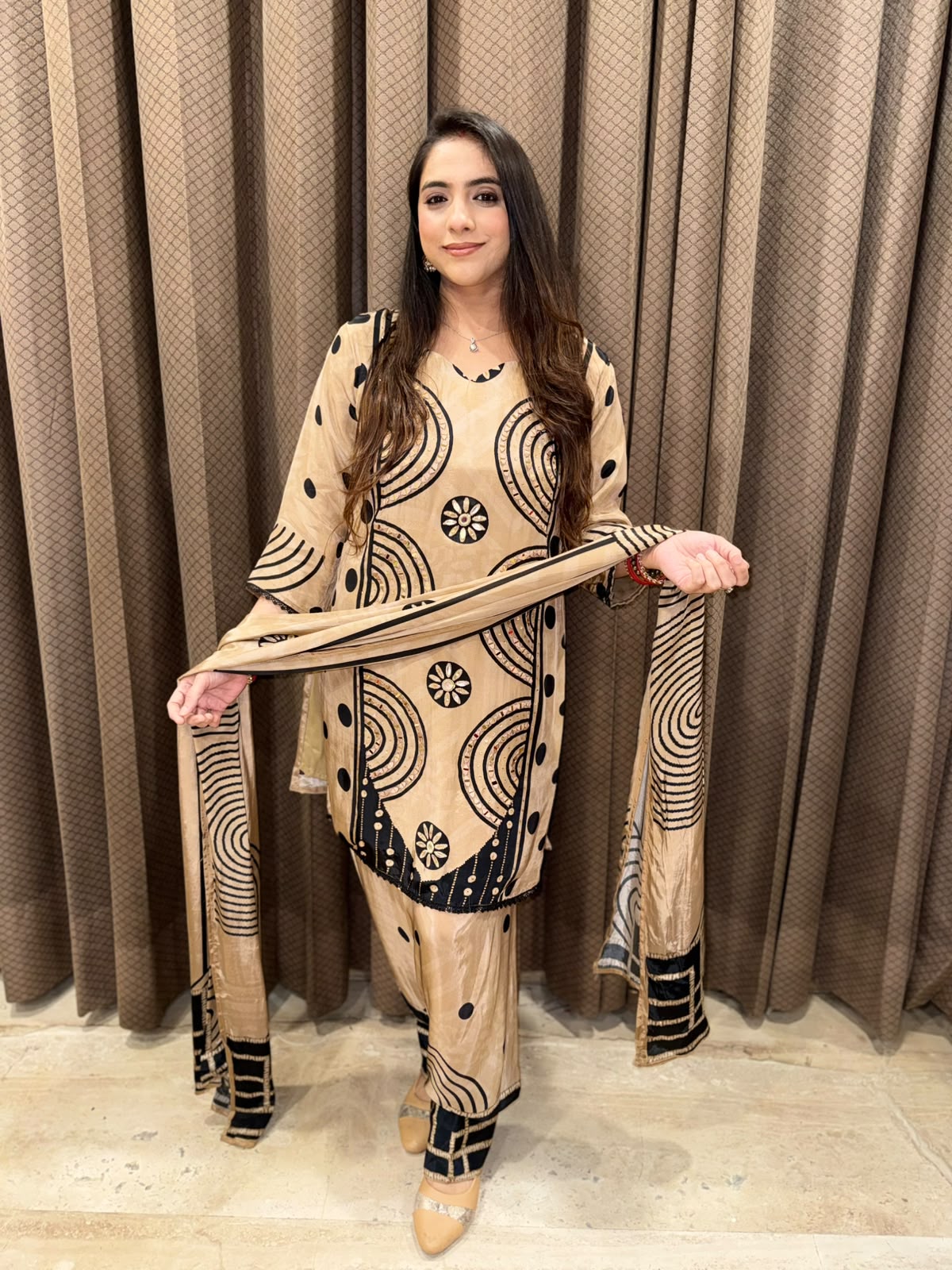Brown Polka Digital Farshi set with handwork & dupatta