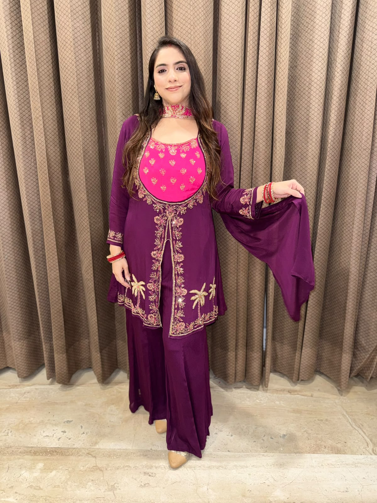 Wine & Pink Sharara set with handwork & choker dupatta