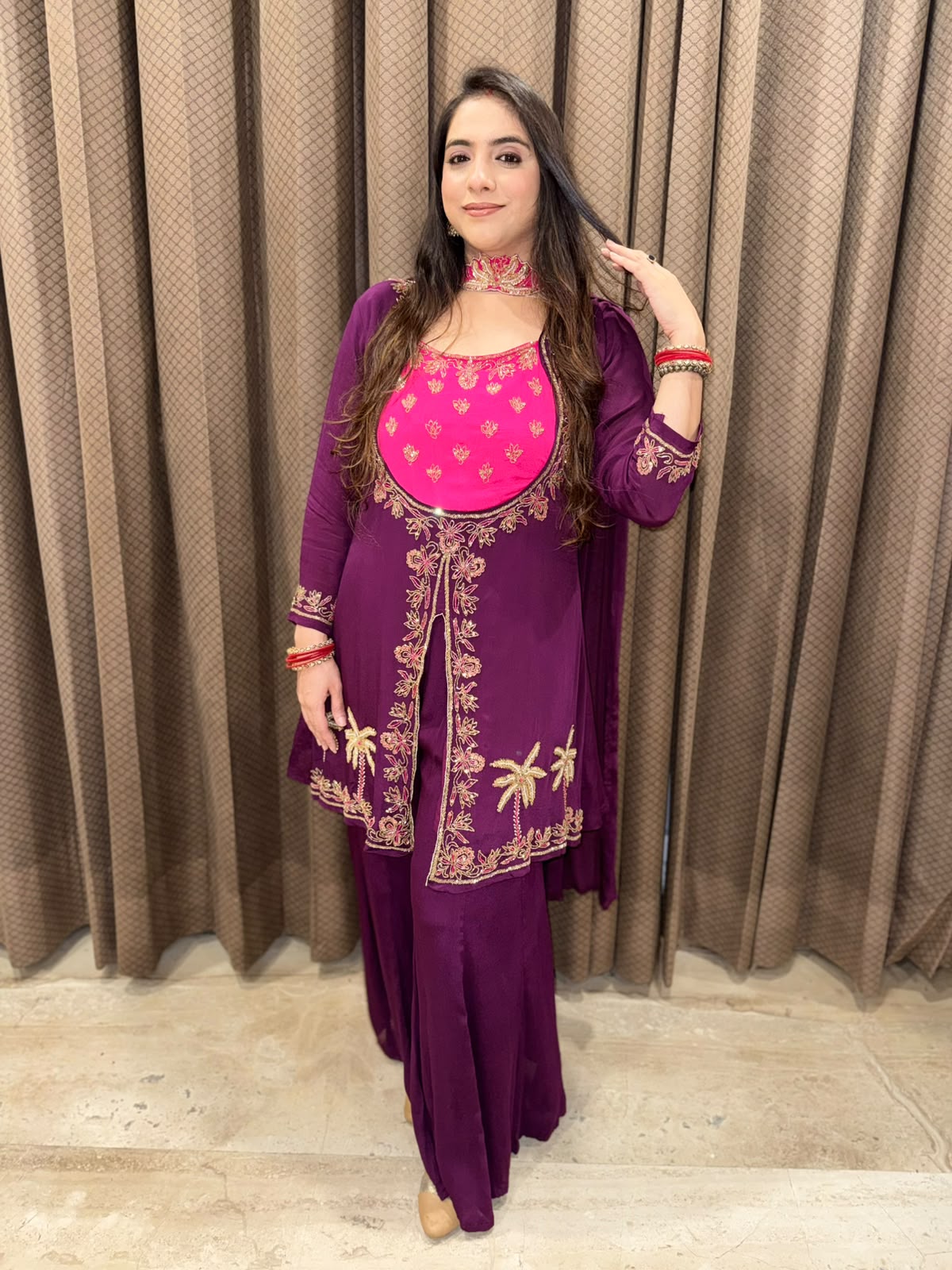 Wine & Pink Sharara set with handwork & choker dupatta