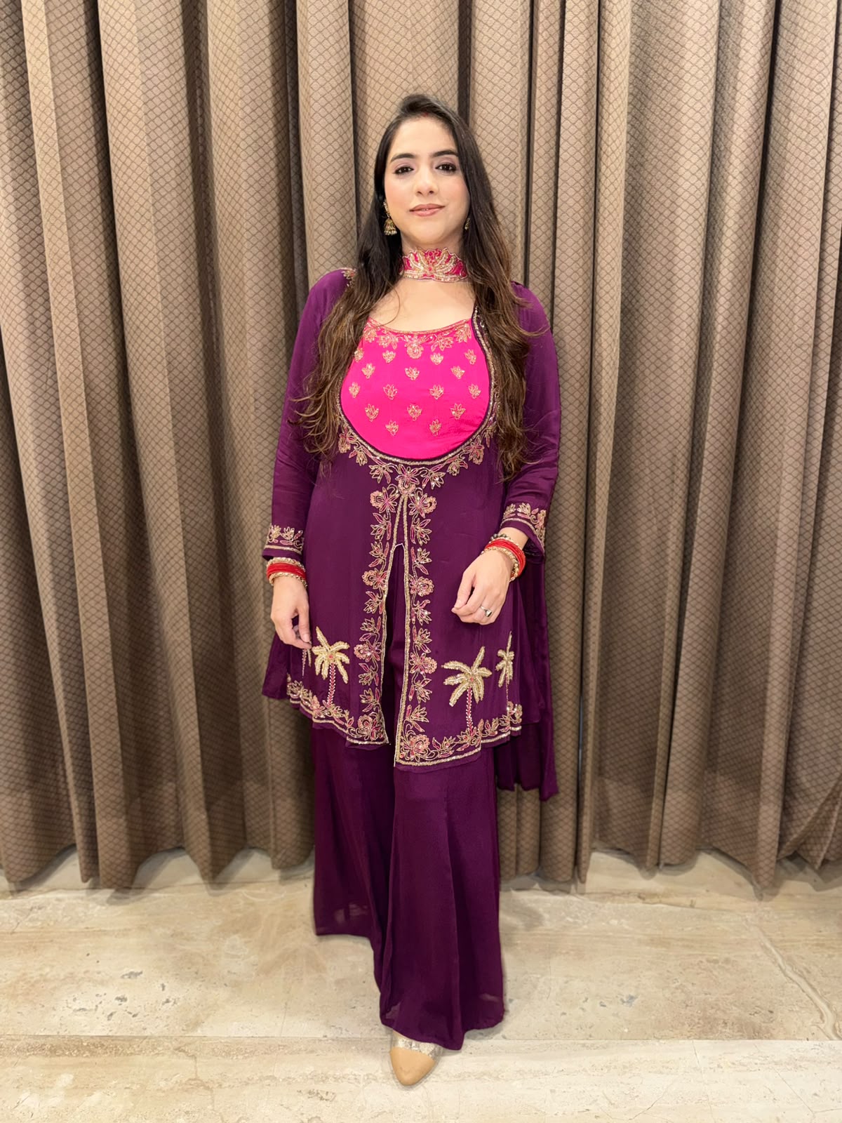 Wine & Pink Sharara set with handwork & choker dupatta