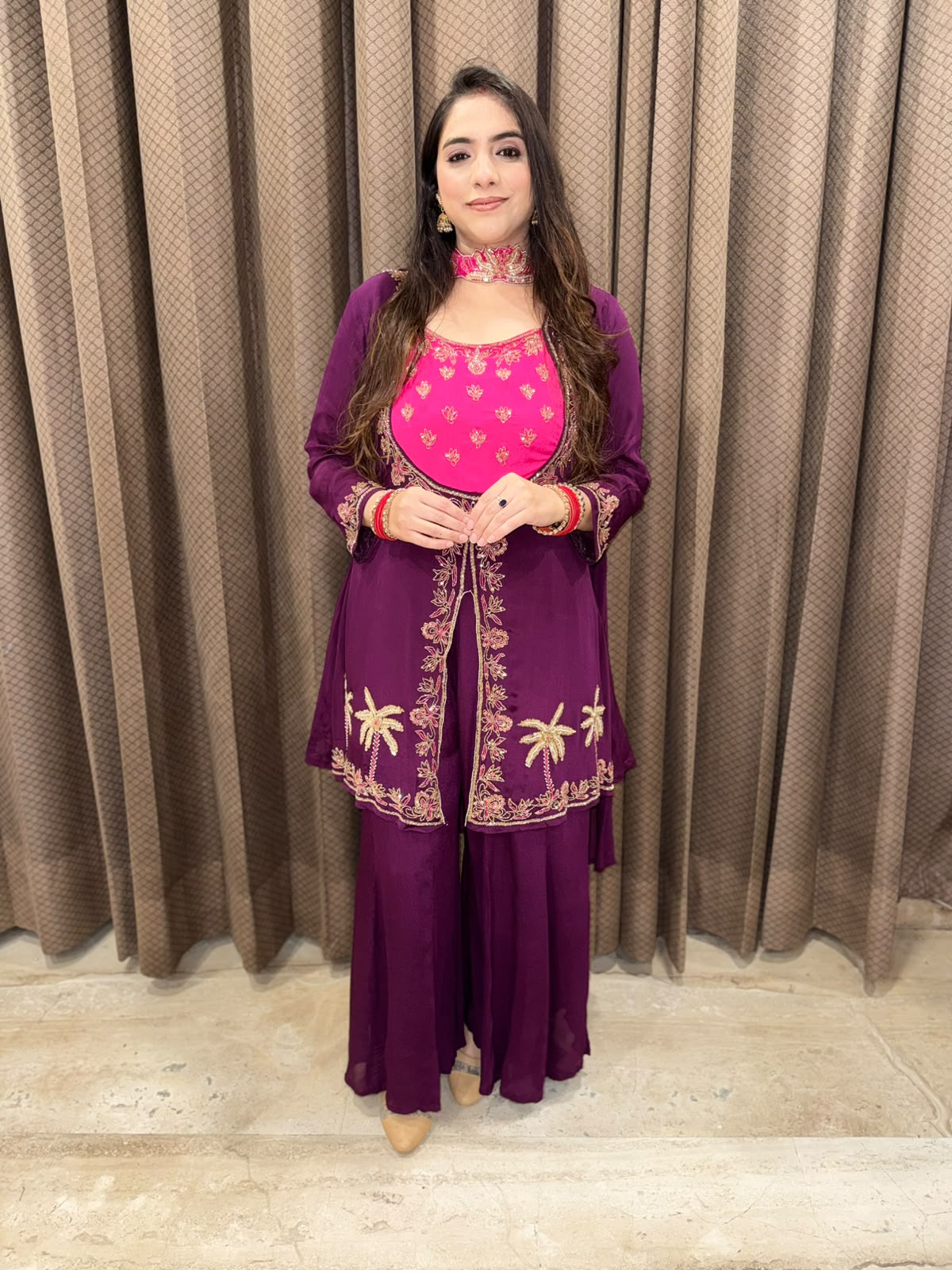 Wine & Pink Sharara set with handwork & choker dupatta