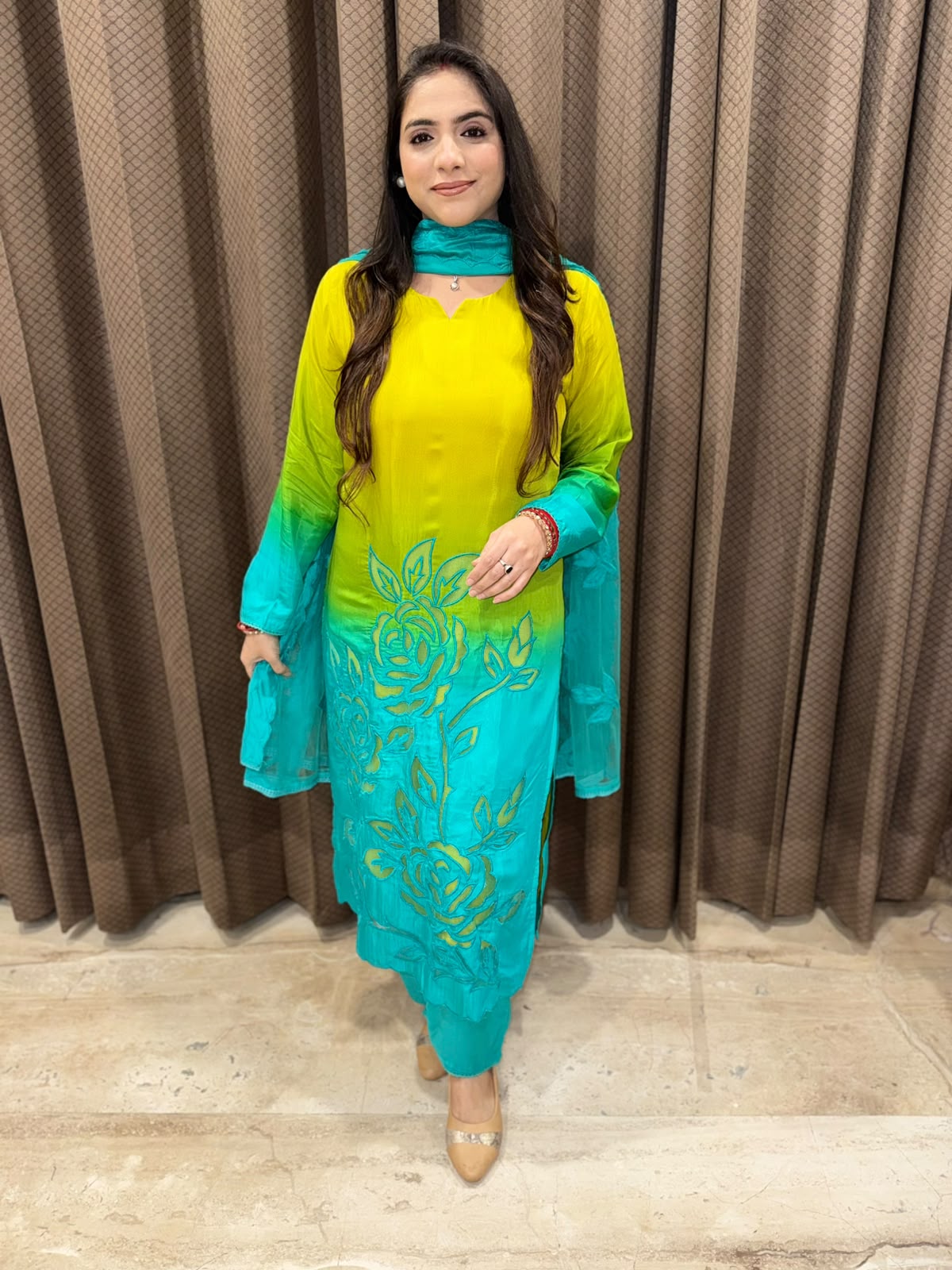 Designer Yellow & Blue Ombre Cutwork straight suit with dupatta