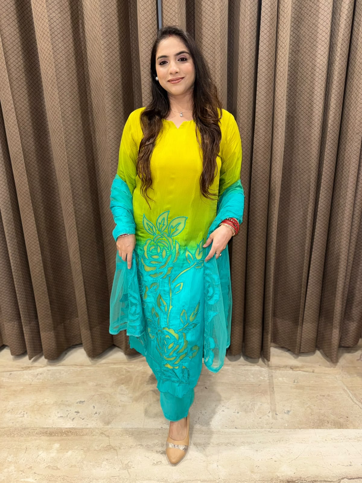 Designer Yellow & Blue Ombre Cutwork straight suit with dupatta