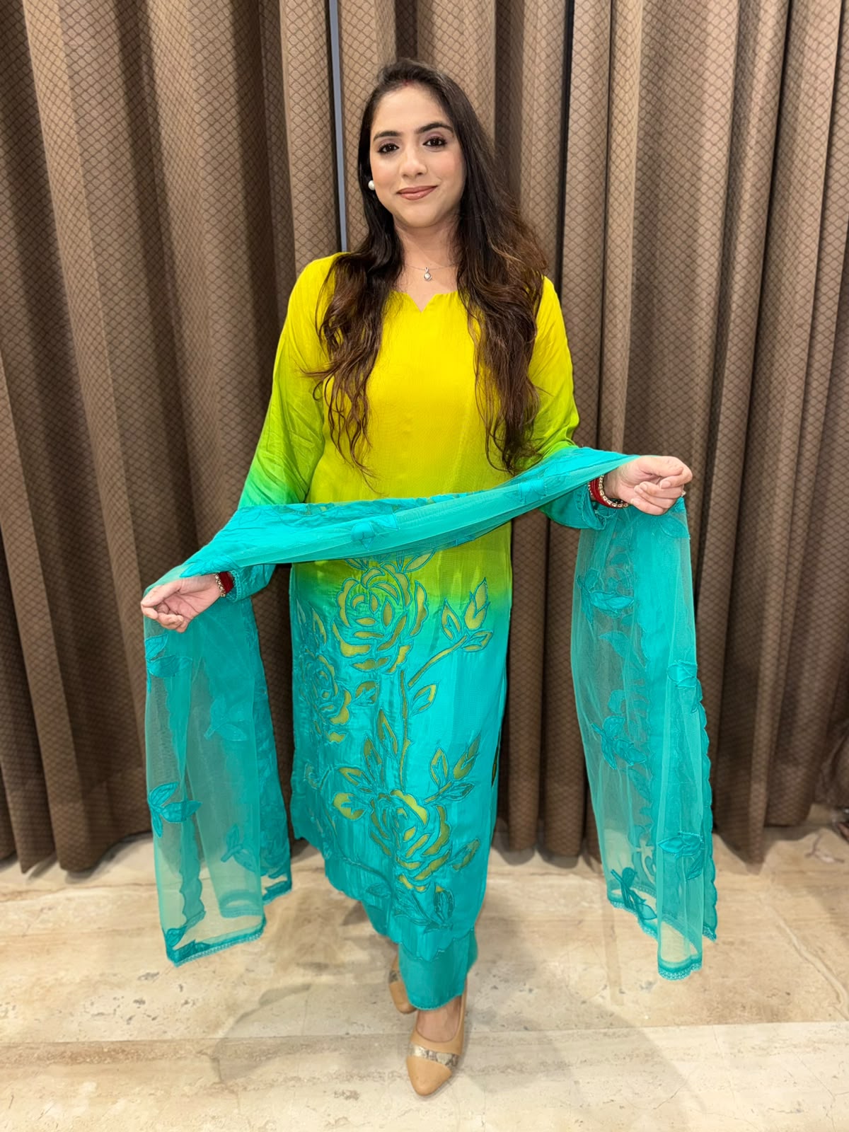 Designer Yellow & Blue Ombre Cutwork straight suit with dupatta