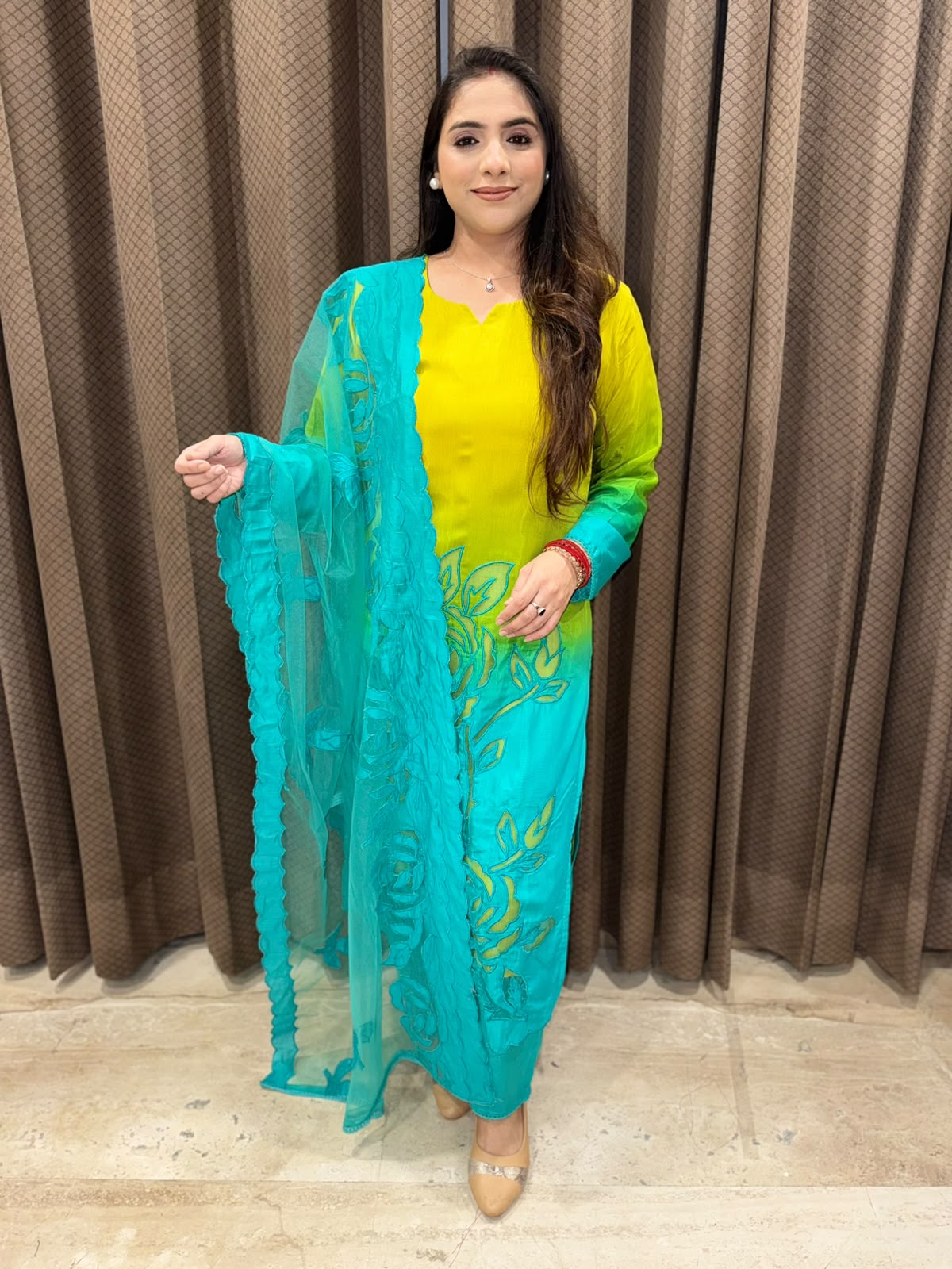 Designer Yellow & Blue Ombre Cutwork straight suit with dupatta