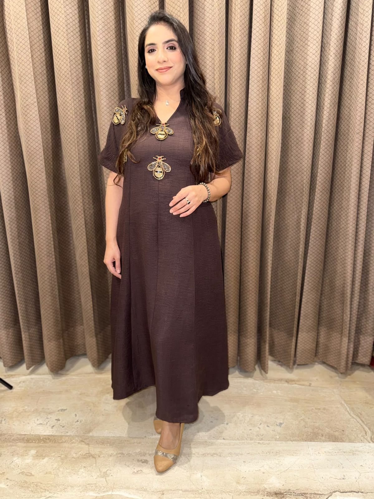 Smart Coffee Bean Midi dress with studed honeybees & pockets