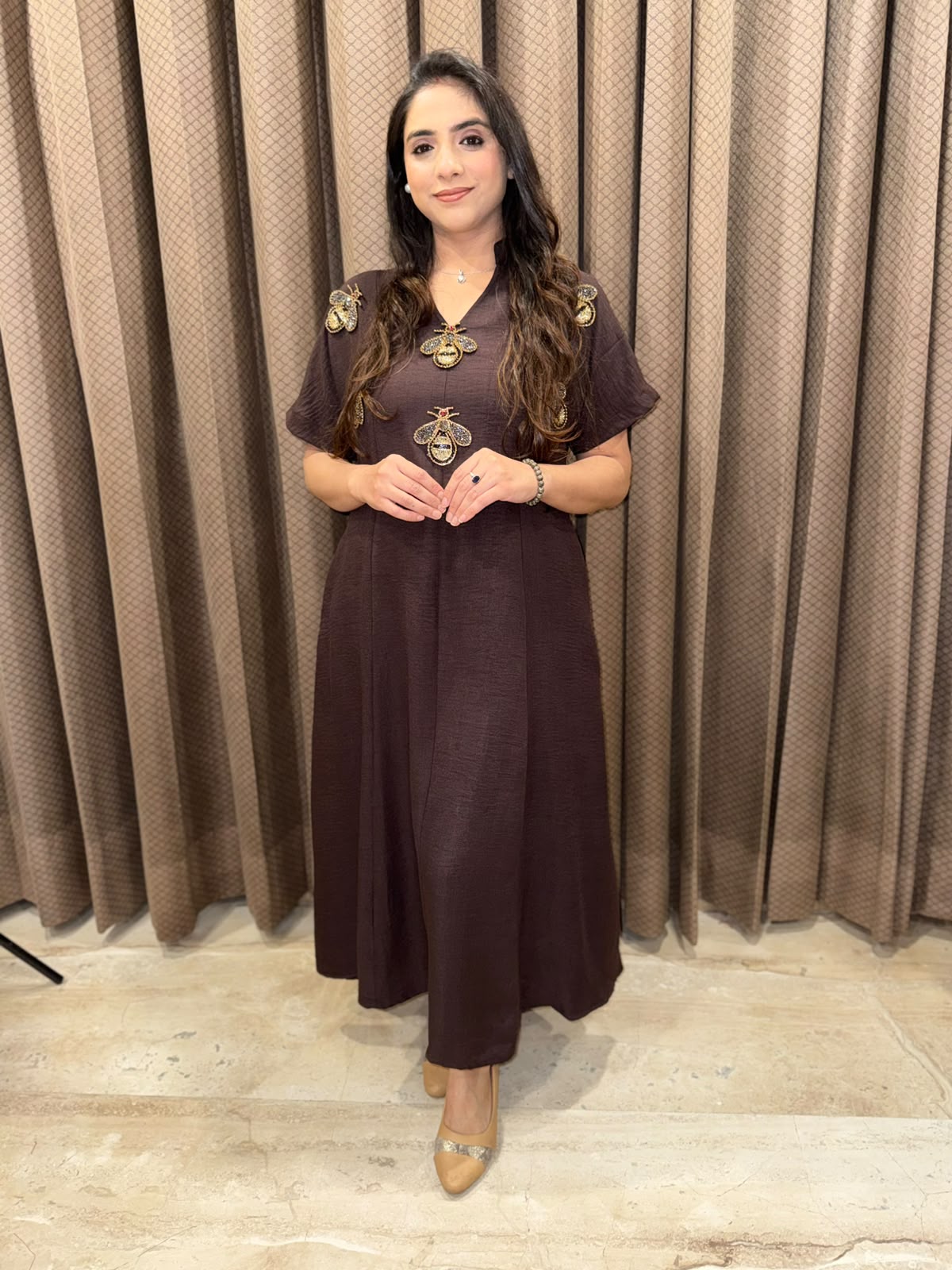 Smart Coffee Bean Midi dress with studed honeybees & pockets