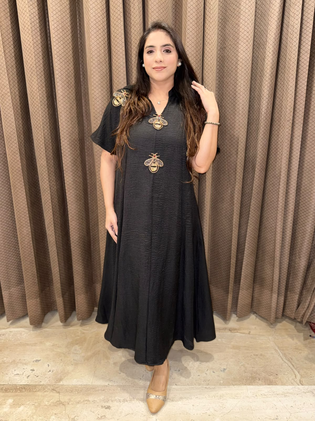 Smart Black Midi dress with studed honeybees & pockets