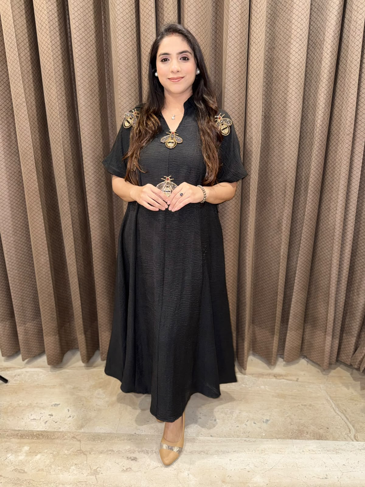 Smart Black Midi dress with studed honeybees & pockets