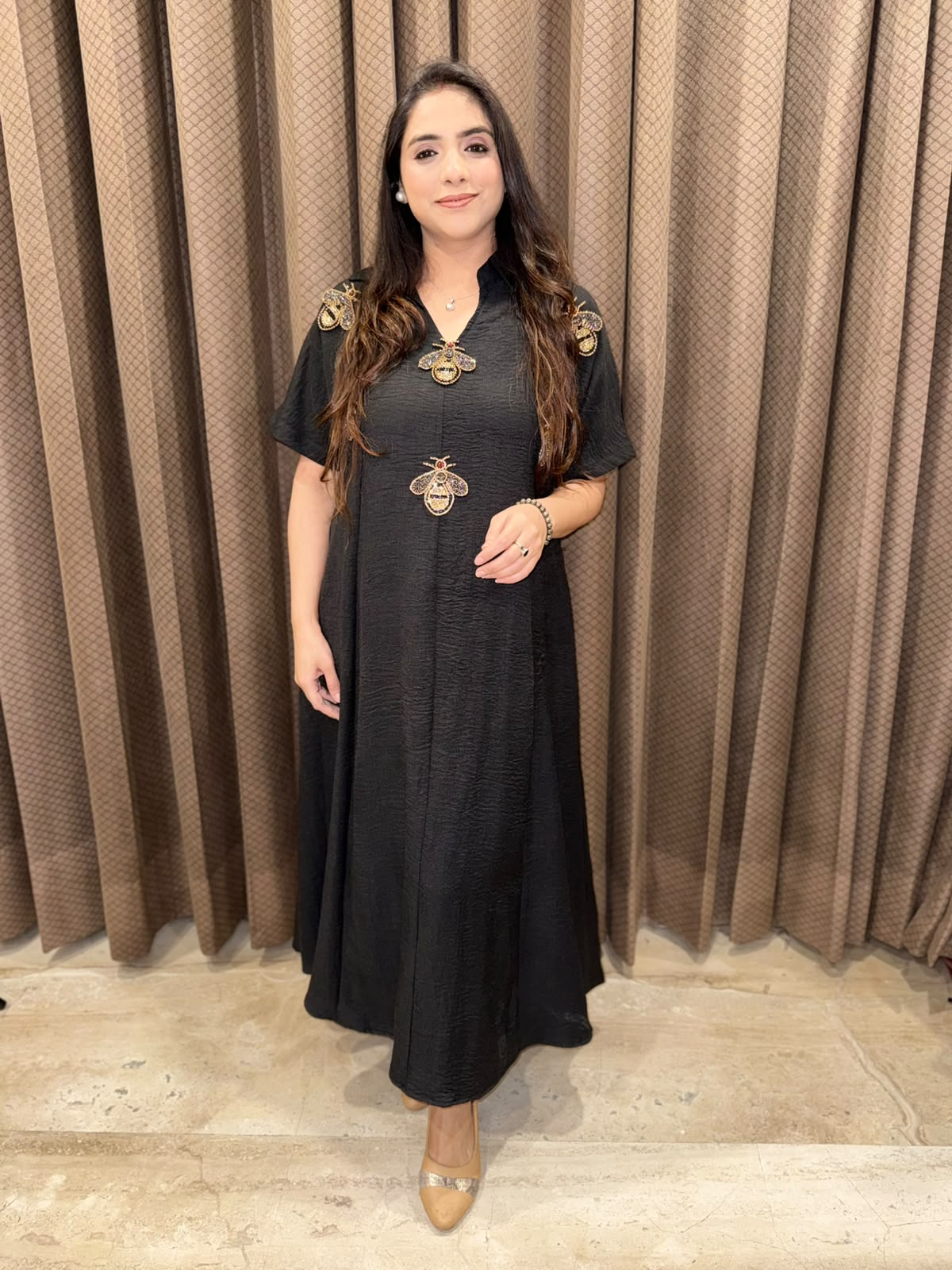 Smart Black Midi dress with studed honeybees & pockets