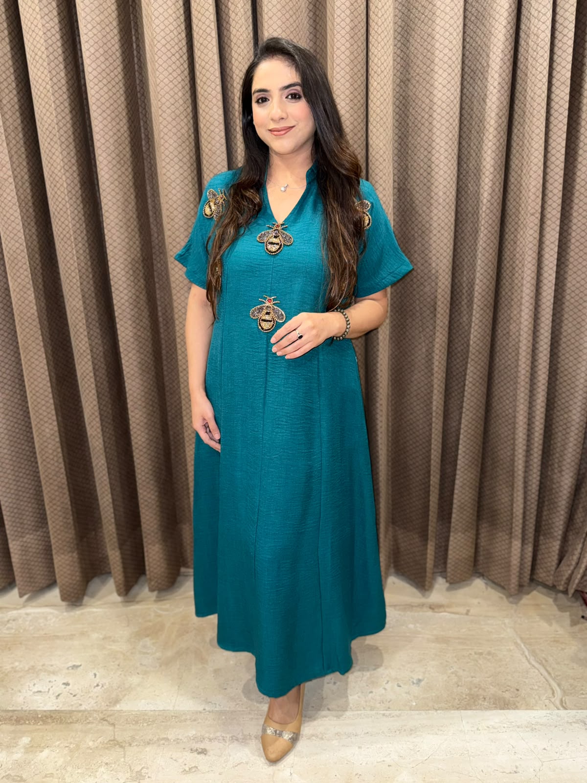 Smart Rama Green Midi dress with studed honeybees & pockets