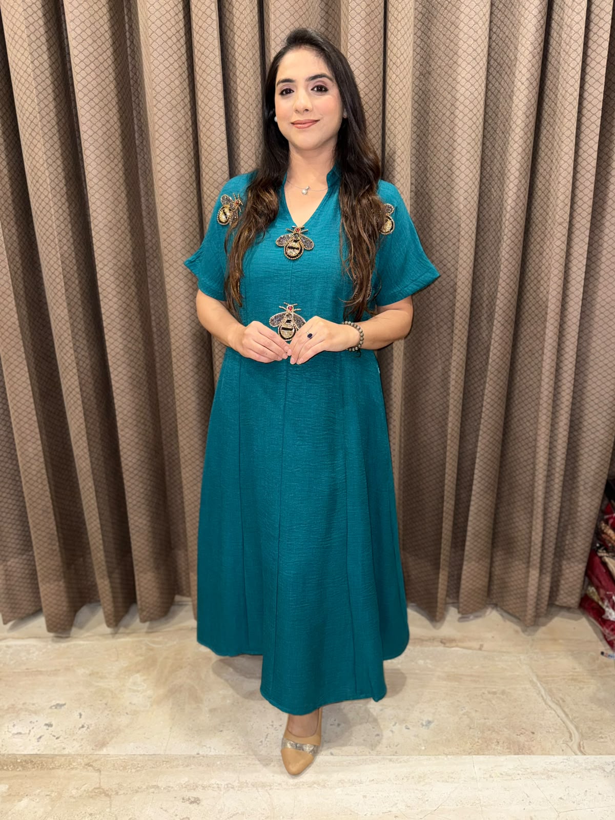 Smart Rama Green Midi dress with studed honeybees & pockets