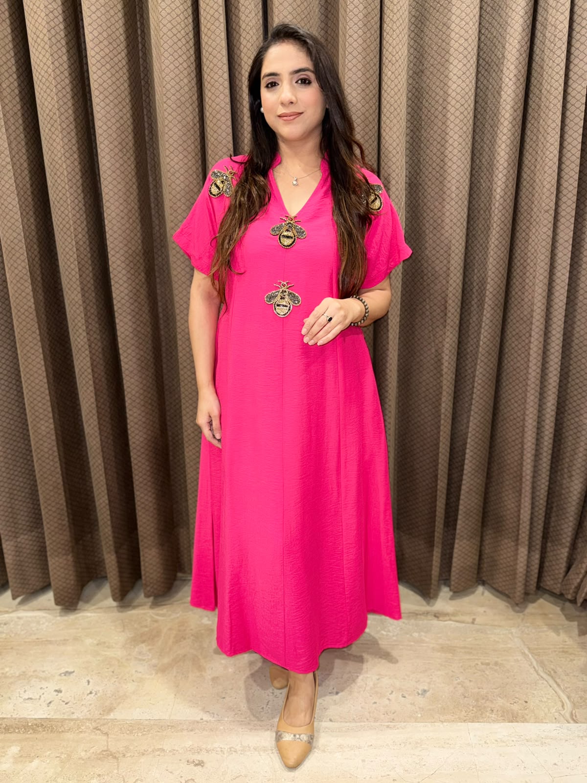 Smart Pink Midi dress with studed honeybees & pockets