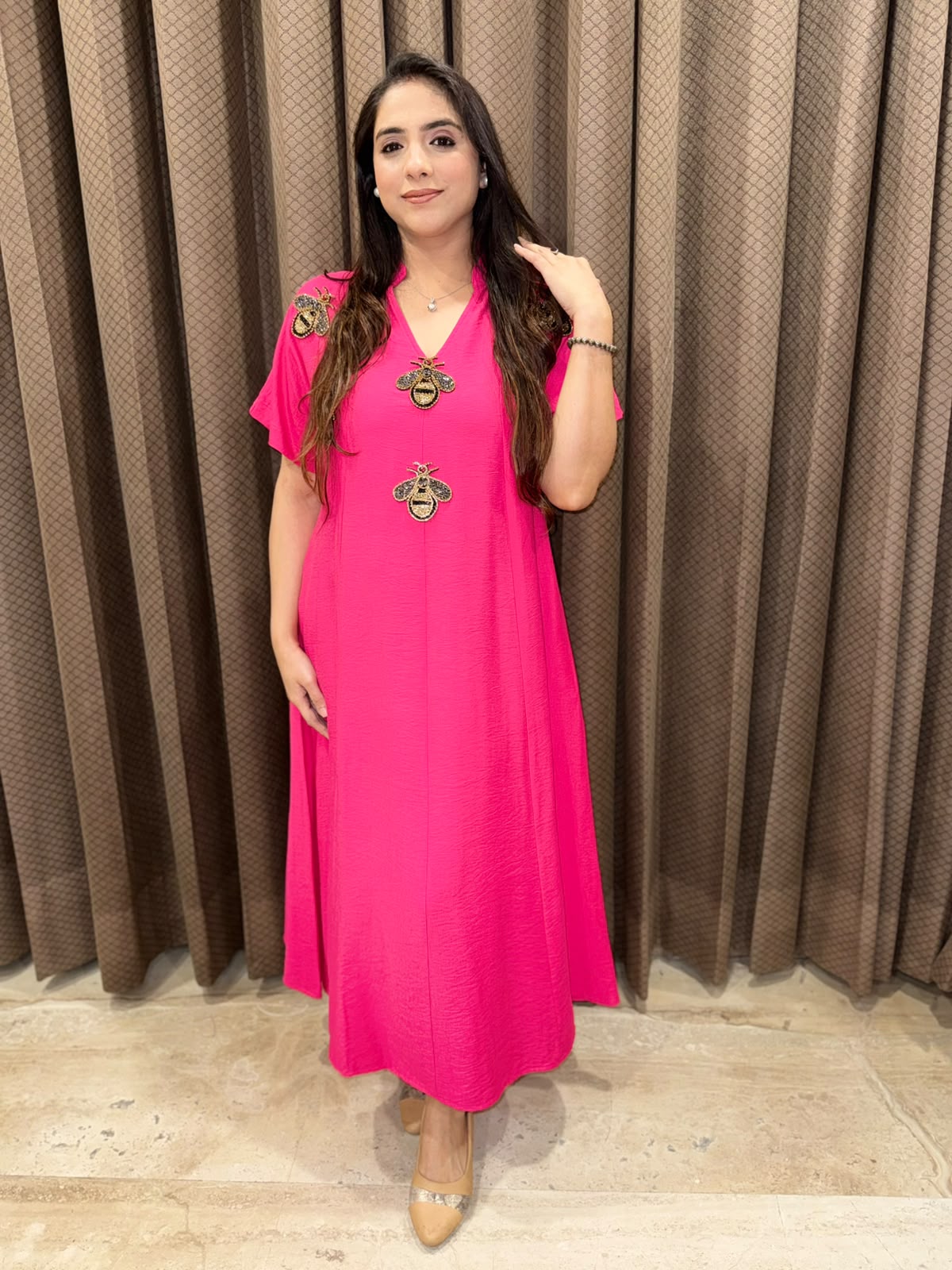 Smart Pink Midi dress with studed honeybees & pockets