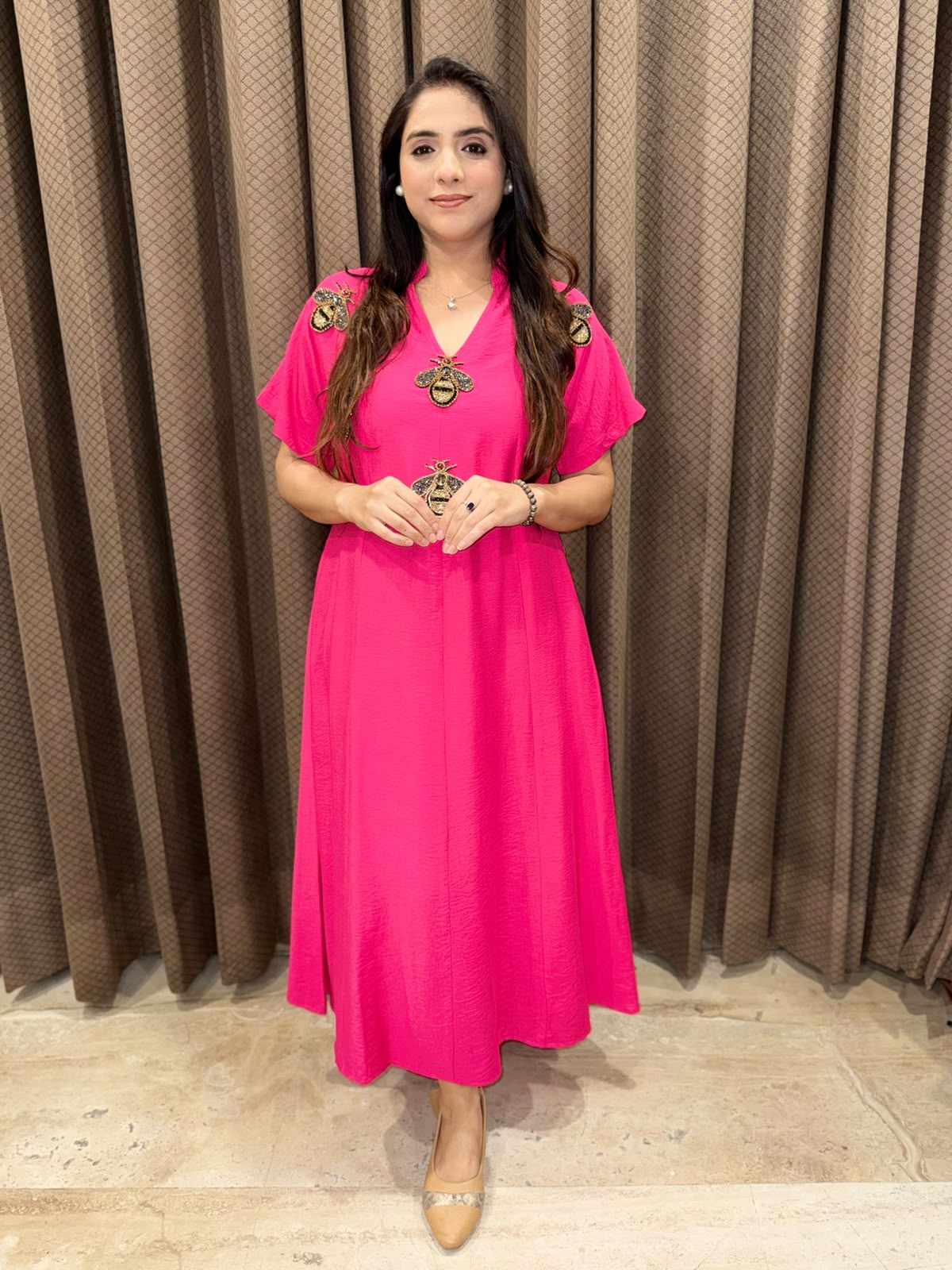 Smart Pink Midi dress with studed honeybees & pockets