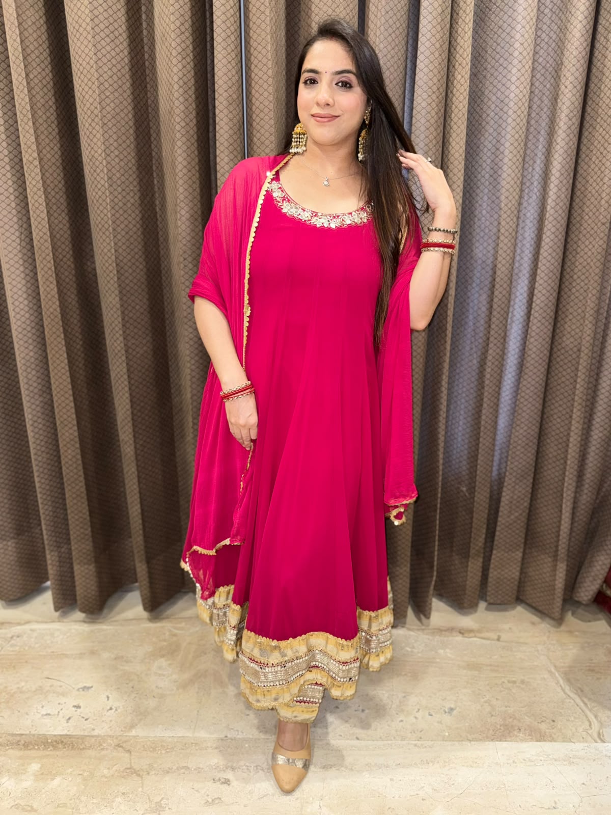 Designer Magenta anarkali set with dupatta & handwork