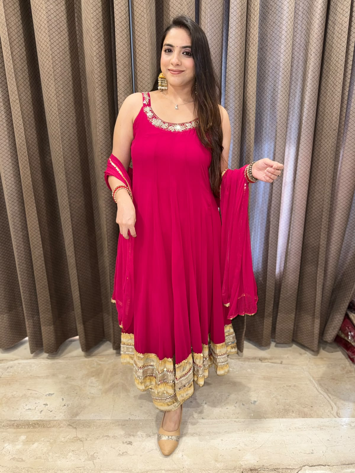 Designer Magenta anarkali set with dupatta & handwork
