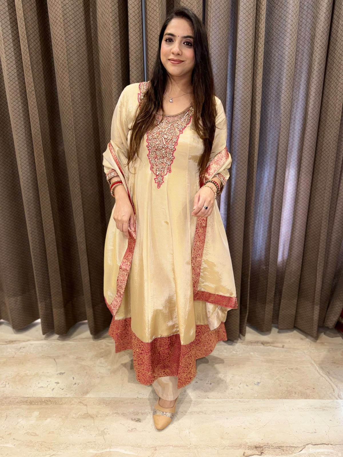Golden designer anarkali set with Handwork & Banarsi border