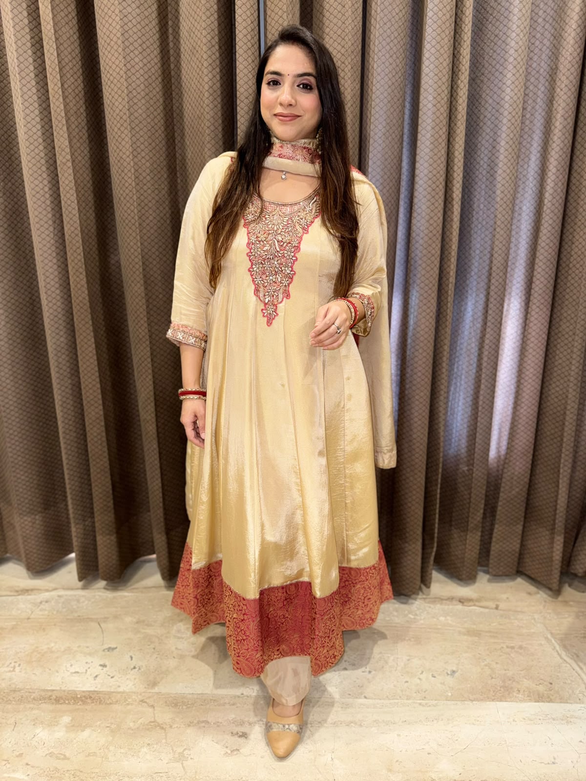 Golden designer anarkali set with Handwork & Banarsi border