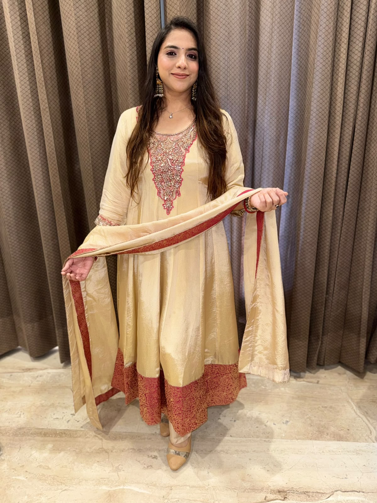 Golden designer anarkali set with Handwork & Banarsi border