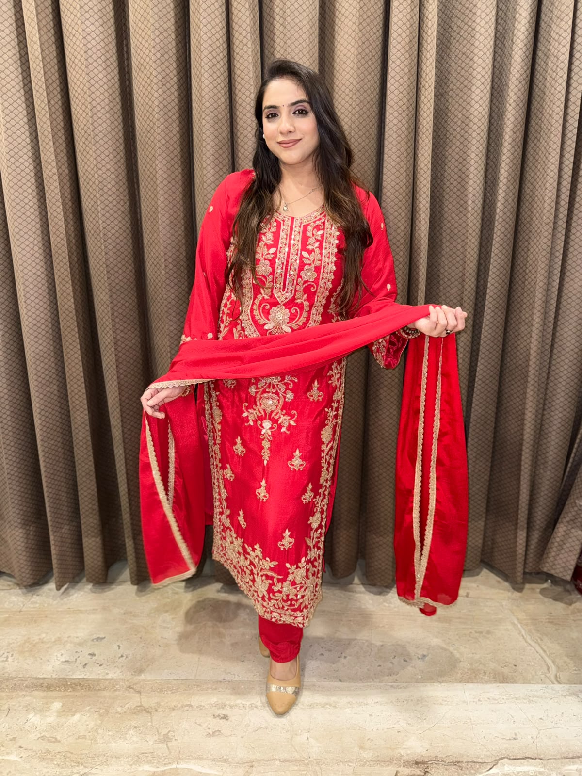 Gorgeous Red straight suit set with dupatta & heavy handwork