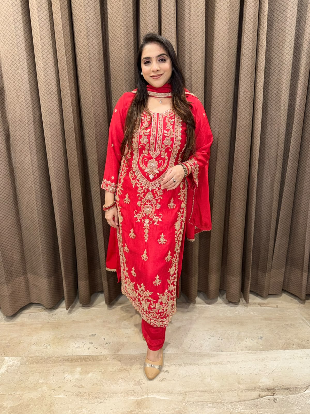 Gorgeous Red straight suit set with dupatta & heavy handwork